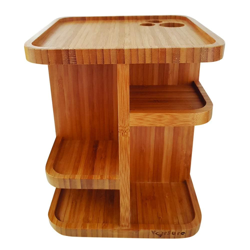 Vorsure Eco-friendly Natural Bamboo Wooden Rotating 360° Make Up Cosmetic Carousel Organiser Storage Shelves - Dressing Table, Bathroom, Salon - Versatile, Large Capacity, Sustainable, Multiple Use