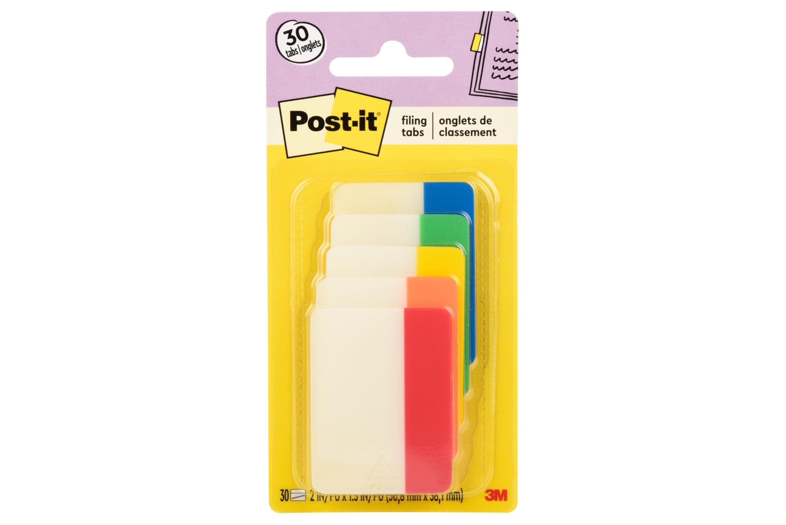 Post-it Sticky Notes 2 Inch Solid Assorted Colors Secure Peel Away for Binder Notebook File Folder 6 Tabs/Colors, 5 Colors, 30 Tabs per Pack (686-ROYGB) Assorted Primary Colors