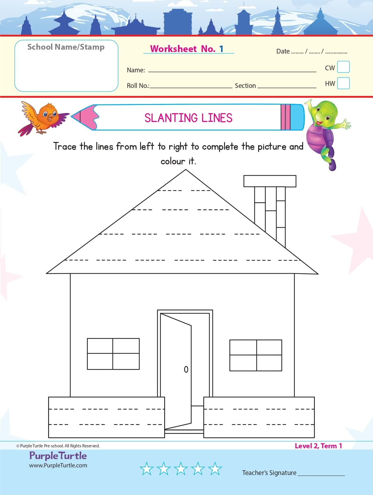 Purple Turtle Worksheets for LKG - English, Maths & EVS - 100 Worksheets (100 pages- 50 leaves) for Early Learning