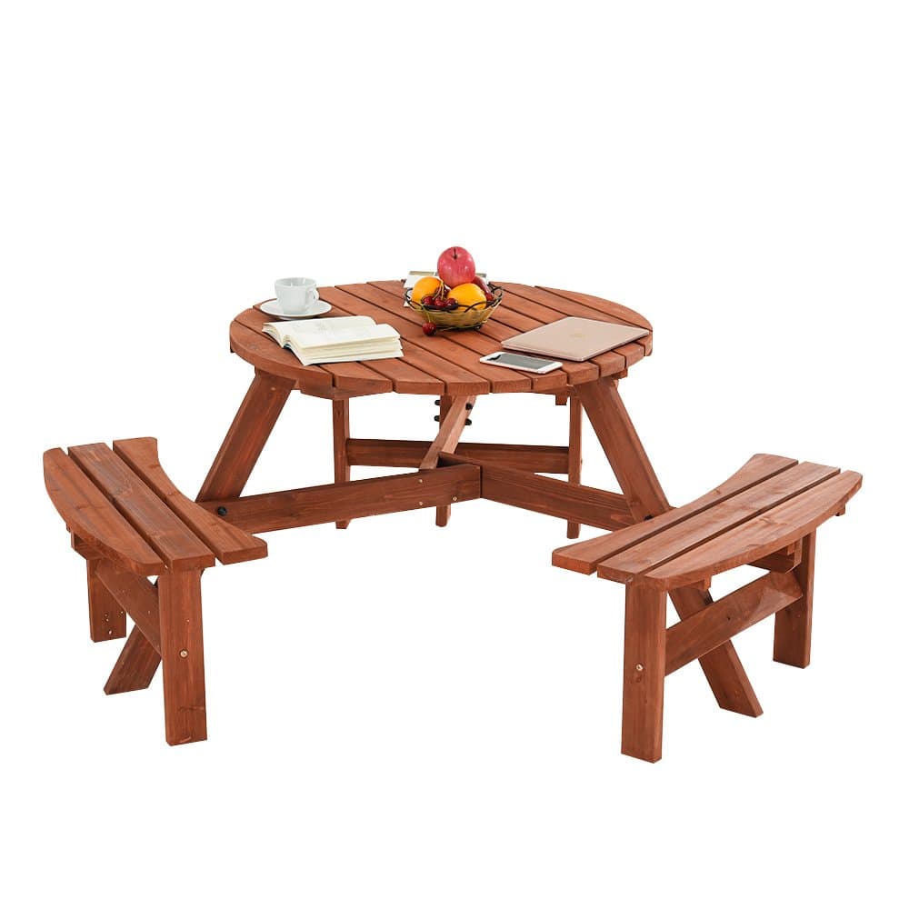 PananaHome 6 Seater Pine Round Wooden Picnic Table and Bench Garden Furniture Set Outdoor Patio Park