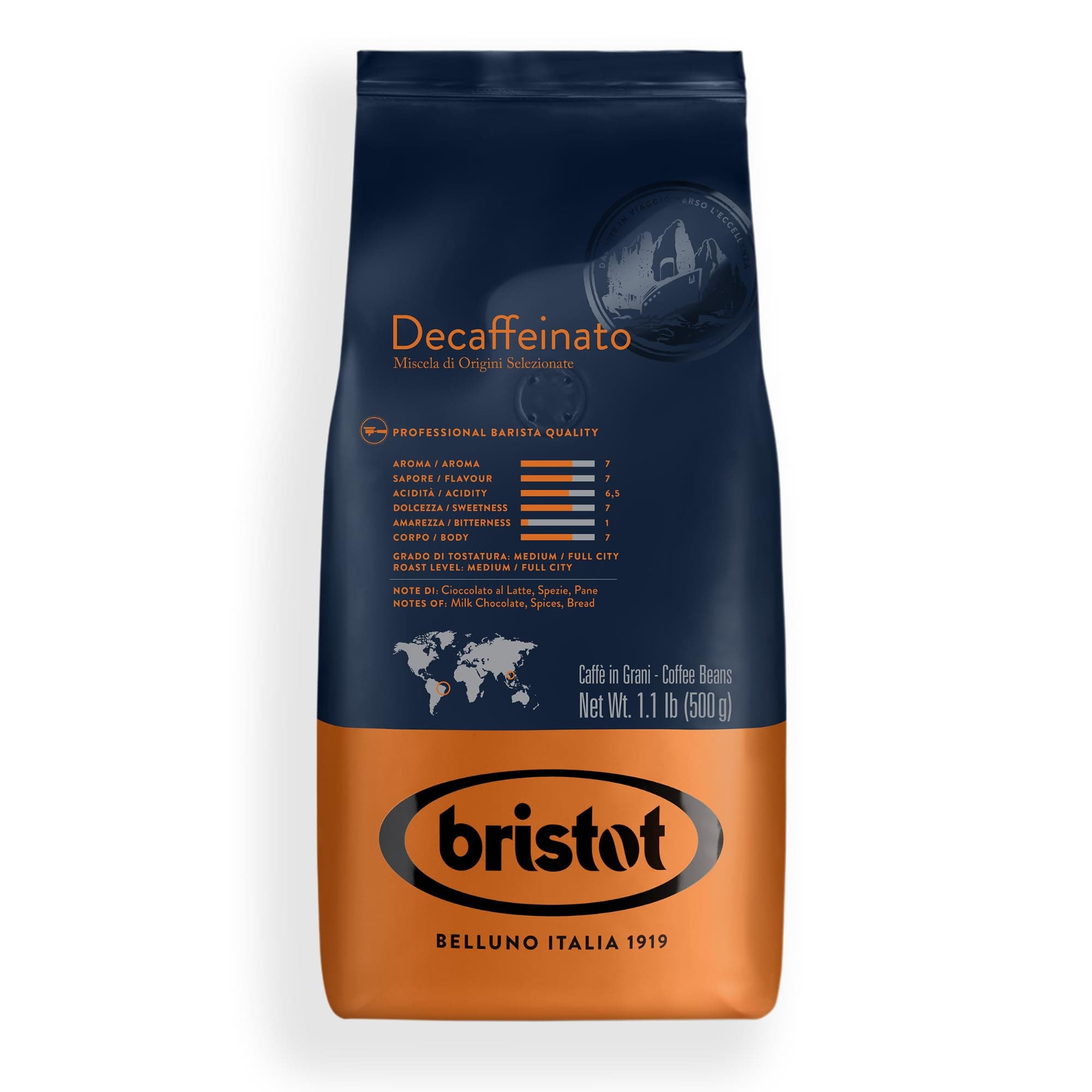 Bristot Decaf Italian Coffee Beans – Medium Roast Whole Espresso Beans – Smooth & Rich Flavor – 1.1 lb (500g) Bag – Roasted in Italy
