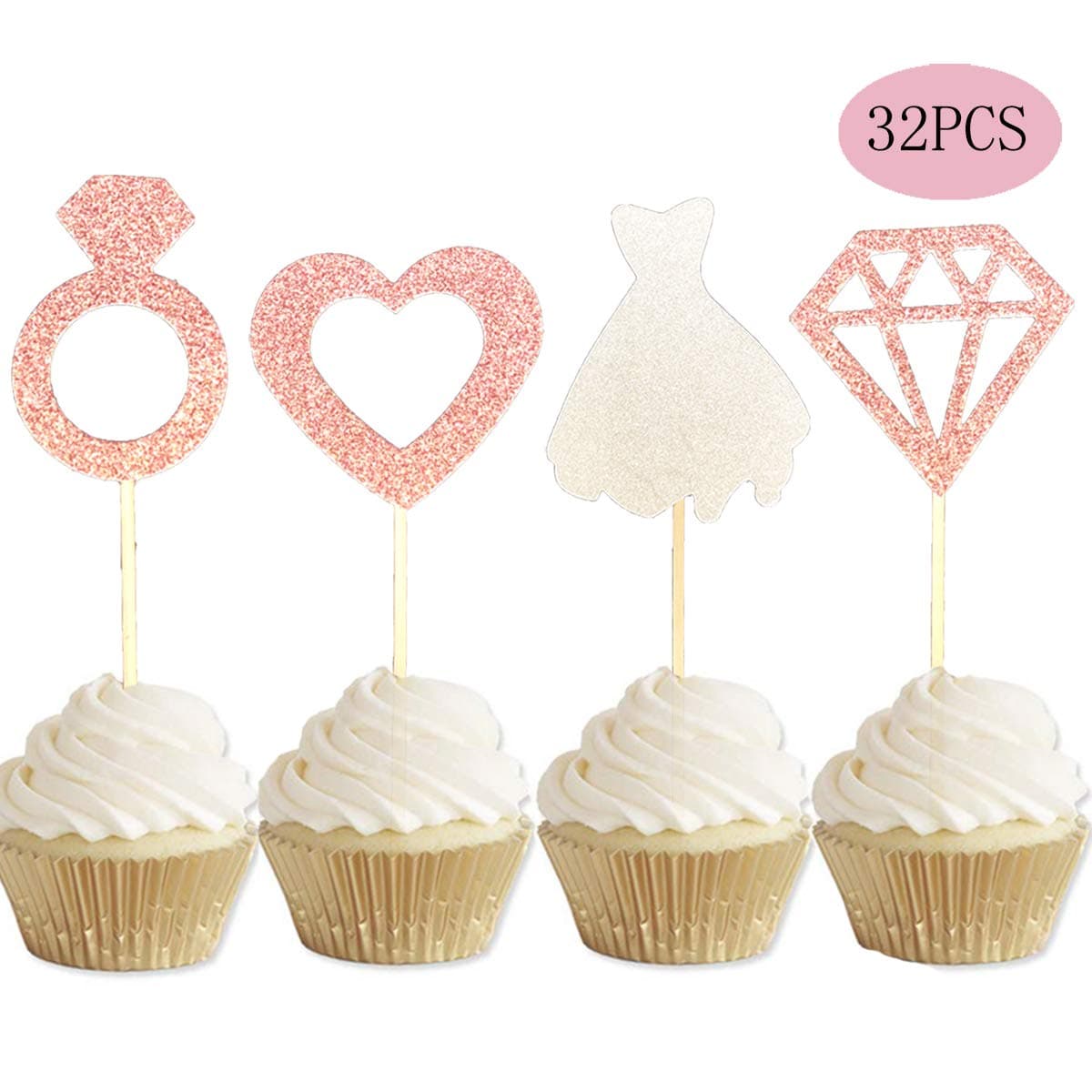 ALISSAR 32-Pack Rose Gold Bridal Shower Wedding Cupcake Toppers, Heart Diamond Ring Wedding Dress Cupcake Toppers for Engagement Bridal Shower Wedding Party Cake Food Decoration