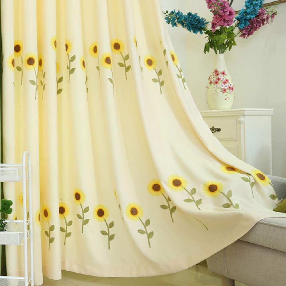 pureaqu Embroidered Yellow Sunflower Semi-Blackout Grommet Top Curtains for Kids Nursery Room Living Room Window Treatment Panel Drapes for Sliding Glass Door/Bedroom 1 Panel W52 x H84 Inch