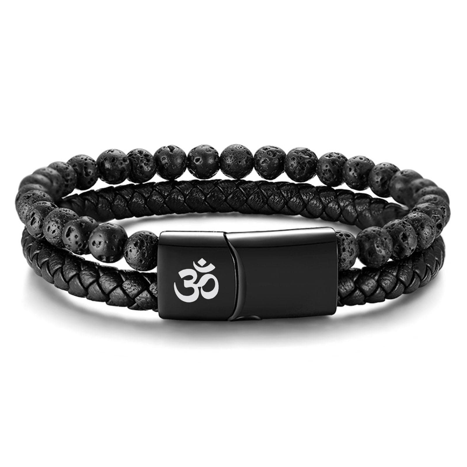 Men's Lava Rock Bracelet Healing Balancing Braided Leather Bracelets with Magnetic Clasp, 2 Layered Symbol Cuff Bracelets, 8.4"