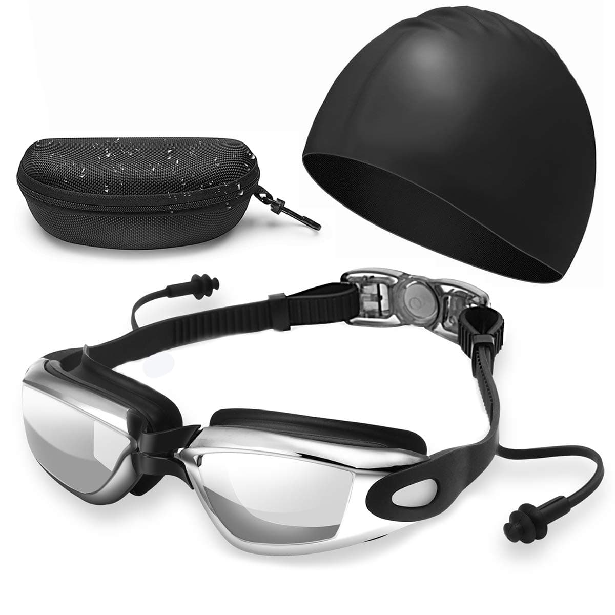 Adult Swim Goggles and Cap, CANI Mirrored Swimming Goggles with Ear Plugs No Leaking Anti Fog UV Protection, Elastomeric Solid Silicone Swim Cap, Professional Swim Glasses and Cap Set for Men Women