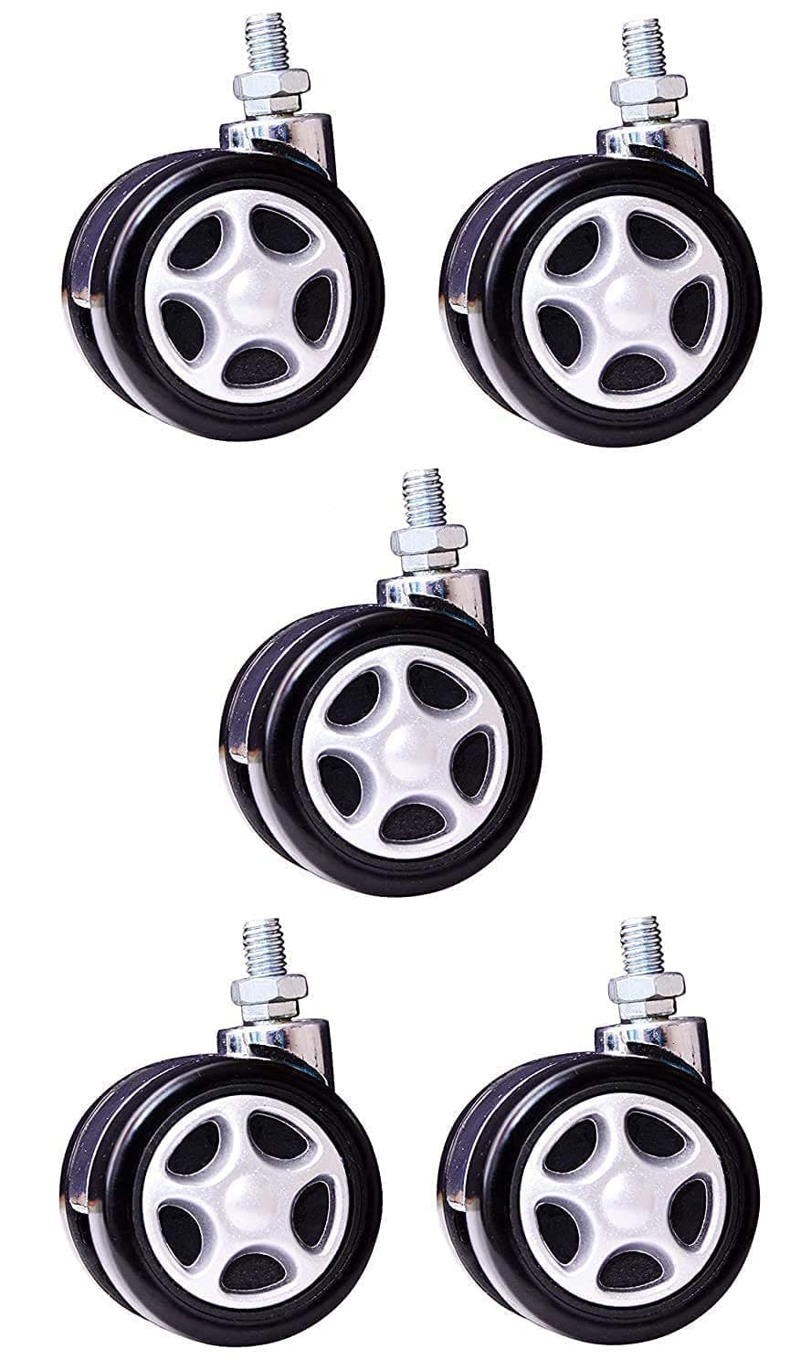 Denish Heavy Duty Alloy Thread Twin Caster Wheels Tyres Suitable for All Office Chairs/Revolving Chair (Chrome and Black) - Set of 5