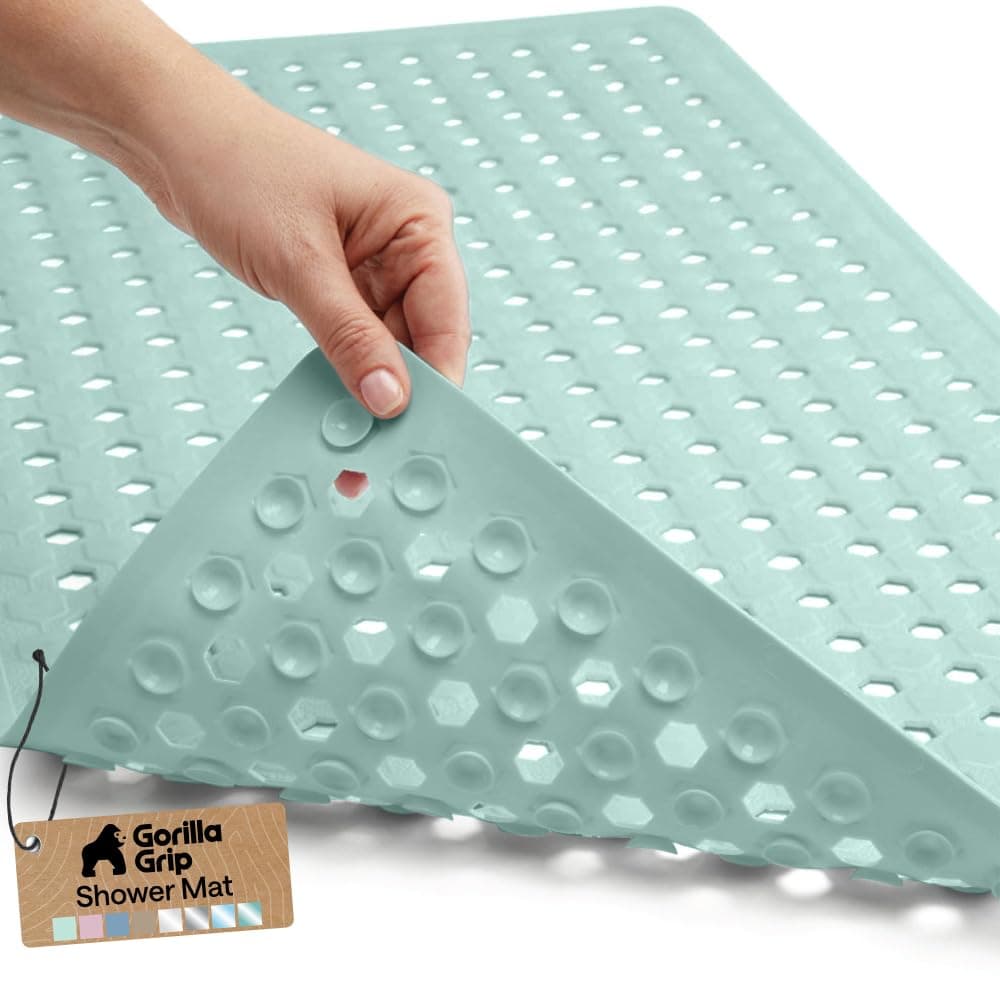 GORILLA GRIP Patented Bath Tub Shower Mat, Machine Washable Bathtub Floor Liner Mats, Suction Cups and Drain Holes to Keep Tubs Clean, Soft on Feet, Bathroom Essentials, 35x16 Inch, Mint Opaque