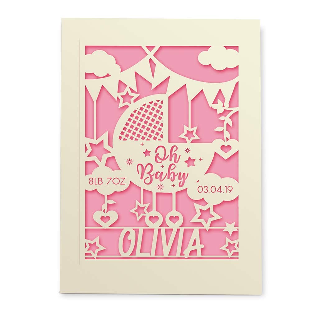 EDSGPersonalised New Card Laser Paper Cut Greeting Cards | Any Name Any Date New Baby Cards with Weight | Custom Gift for New Baby Handmade in UK(Pink)