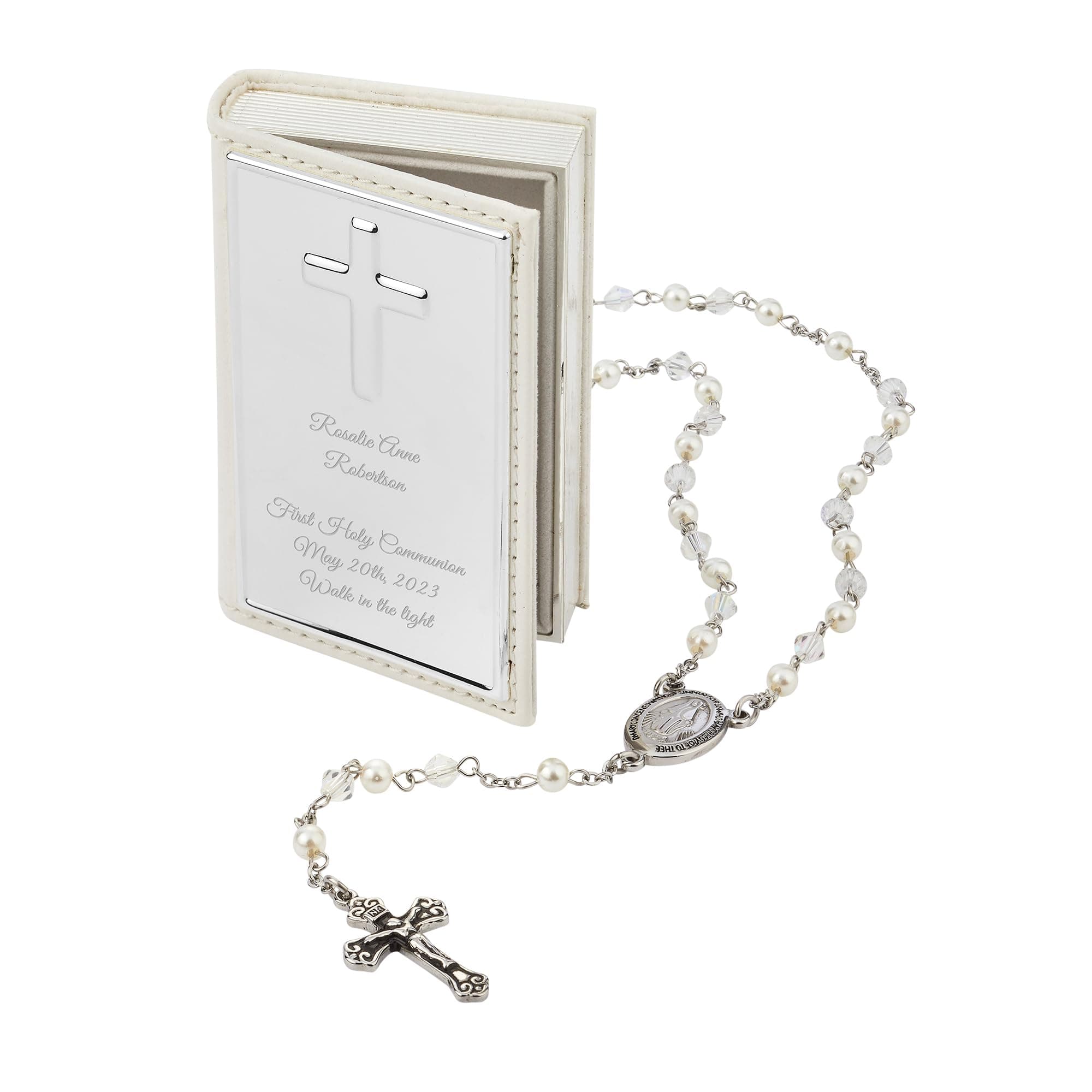 THINGS REMEMBEREDFirst Communion Engraved Girl's Stainless Steel White Rosary (Free Customization)