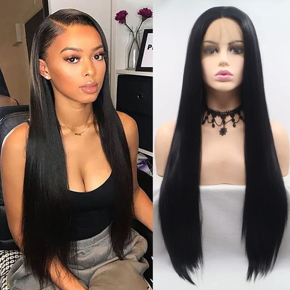 xiweiya13*3 Lace Silky 1B# Straight Hair Black Wigs Synthetic Lace Front Wigs For Black Women Natural Hairline Heat Resistant Fiber African American Women Daily Wigs Middle Parting