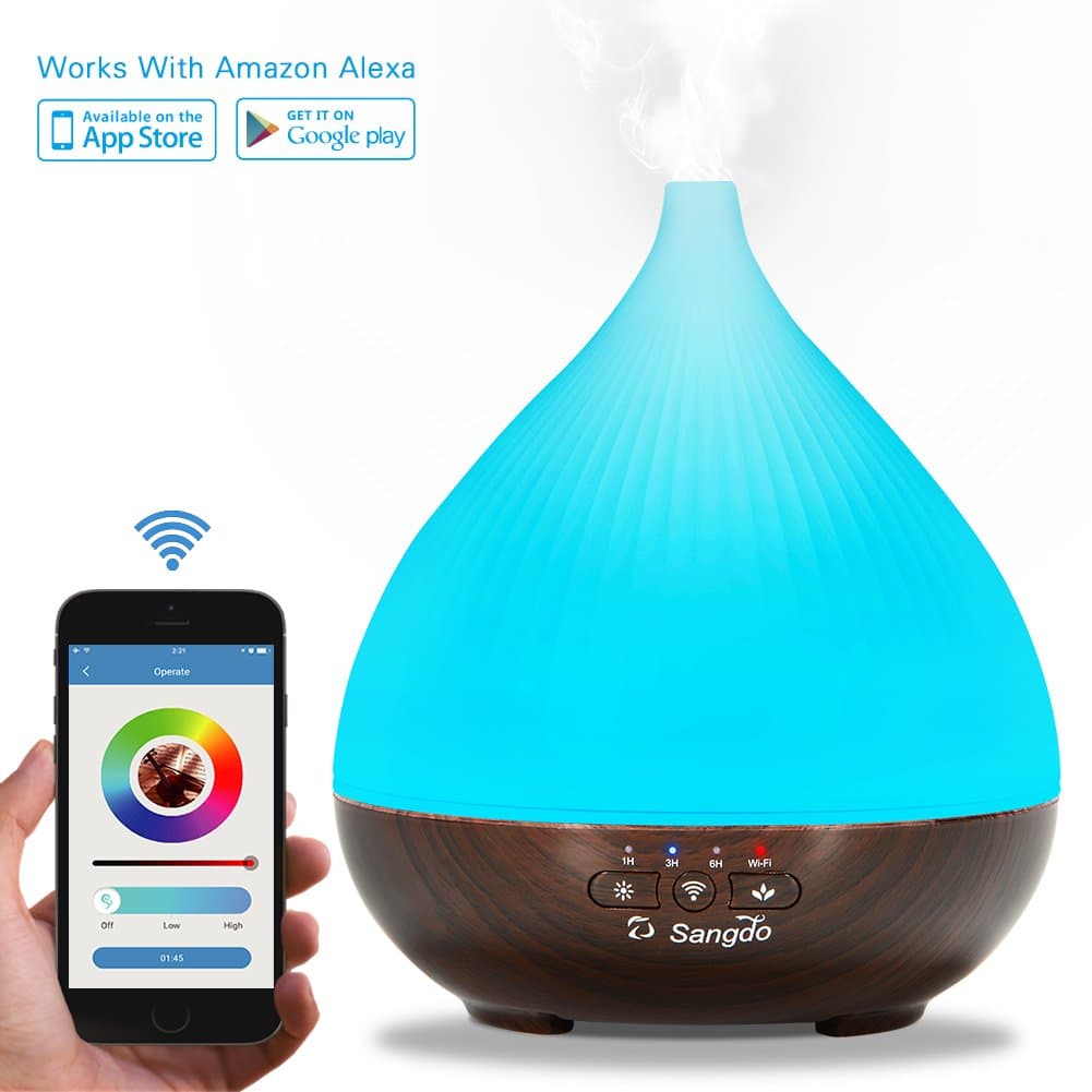 Alexa Diffuser, Ultrasonic Diffuser Generation 2 300ml Black Aromatherapy Essential Oil Diffuser, Aroma Cool Mist Humidifier with 7 Colored Lights Changing Echo Dot and APP Control, Timer Humidifiers