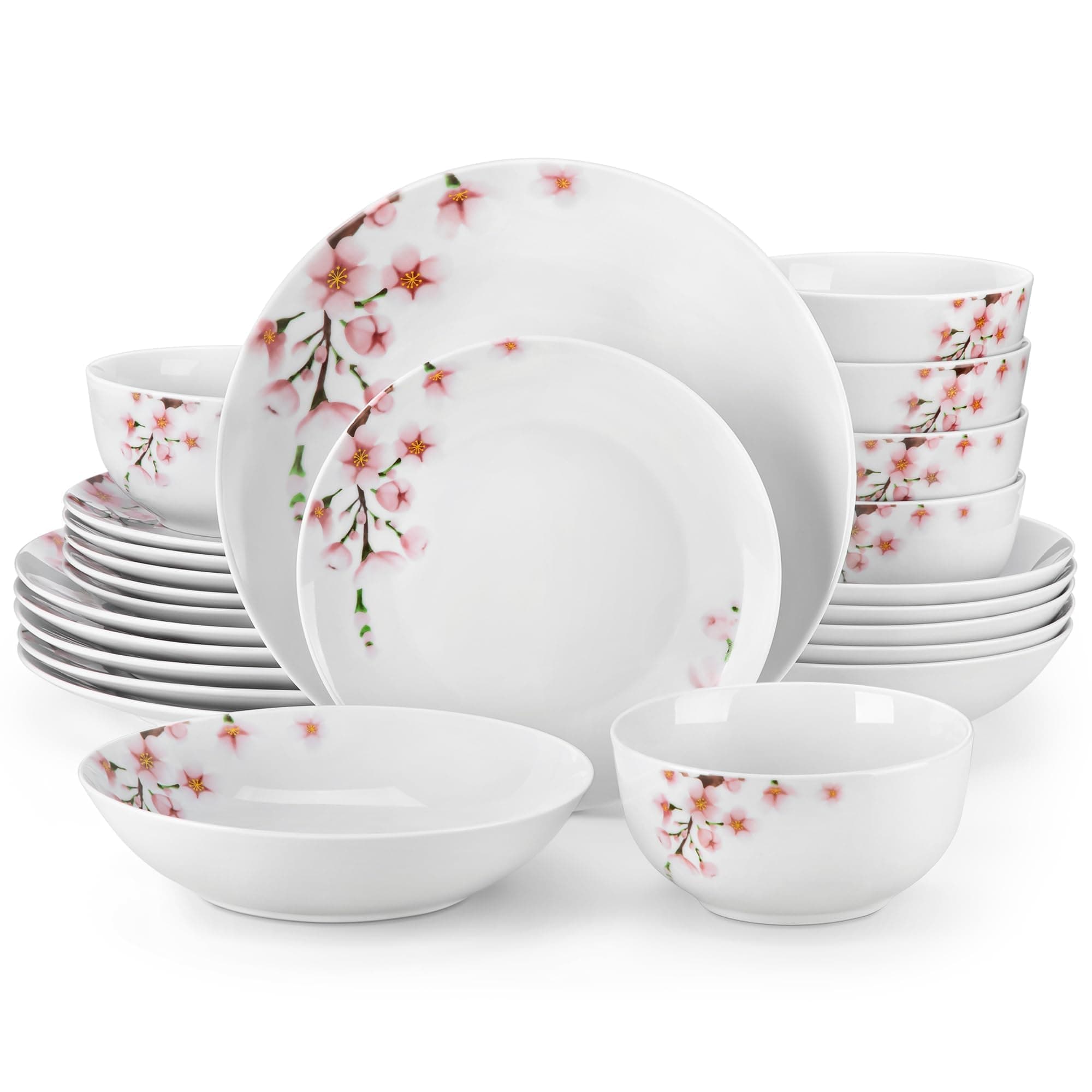VEWEET Porcelain Dinnerware Sets for 6, 24 Pieces Plates and Bowls Set with Flowers, Dishes Set Dining Ware for Dinner, Microwave and Dishwasher Safe, Series Annie