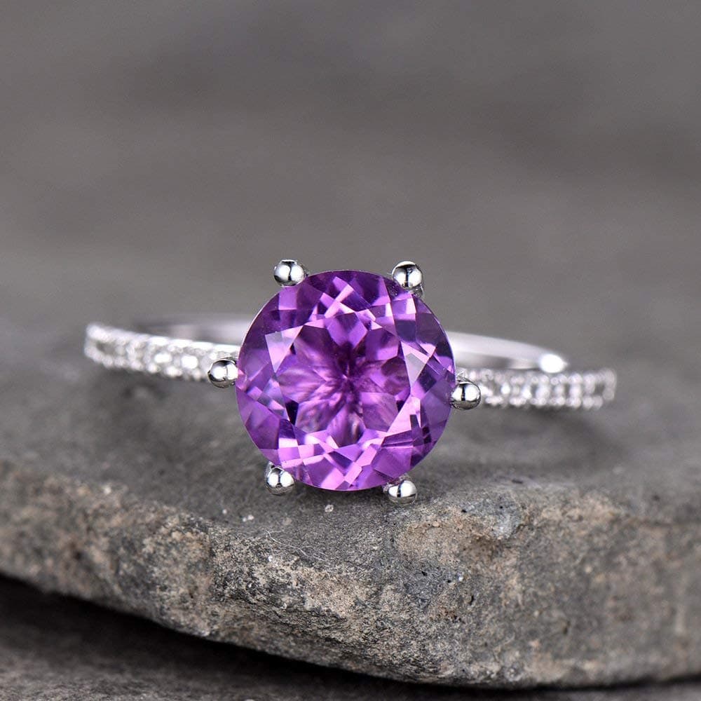Amethyst Ring Solitaire Engagement Ring 7mm Round Cut Purple Gemsone Bridal Ring 6 Prongs Set White Gold Plated Silver CZ Wedding Band