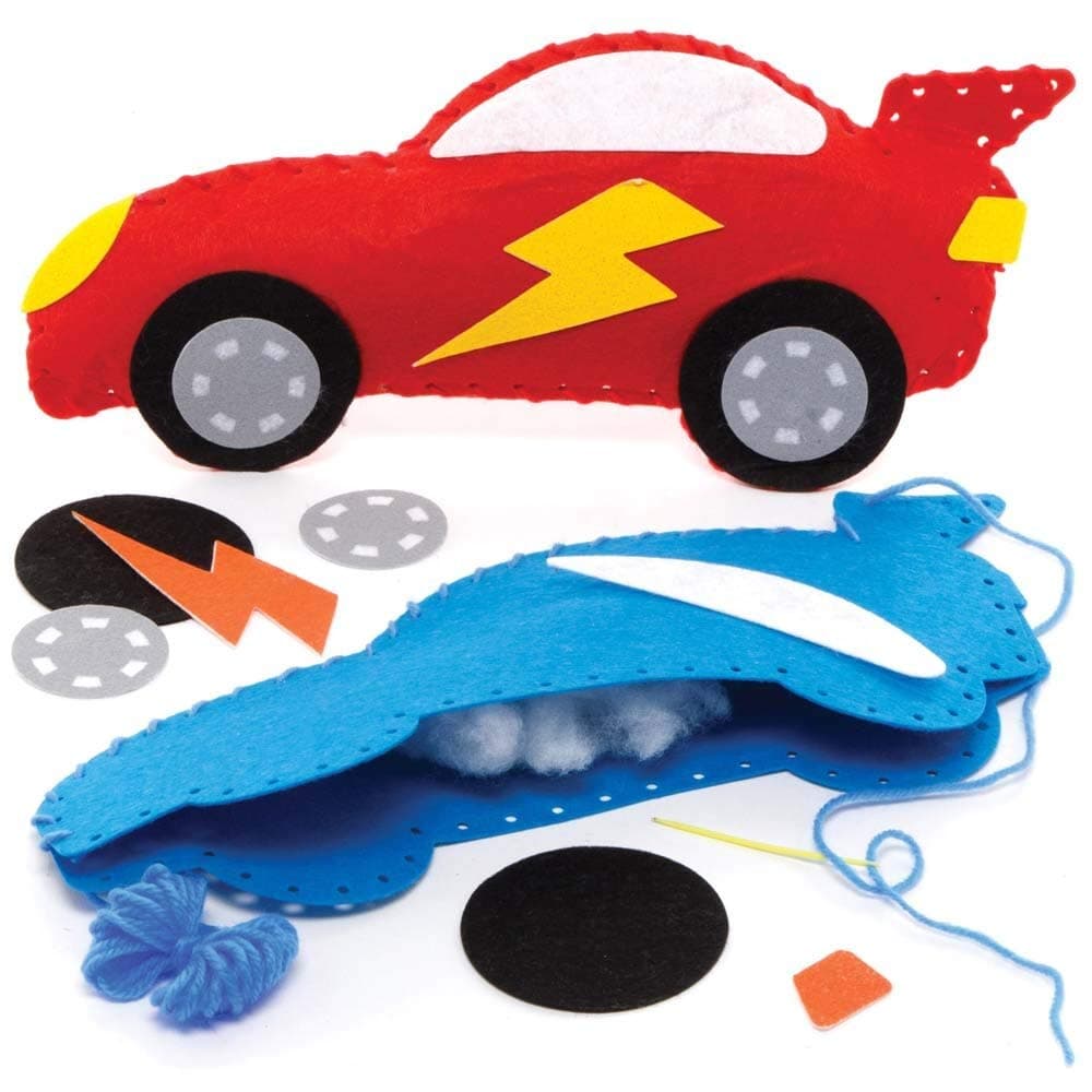 Baker Ross FE614 Racing Car Cushion Sewing Kits - Pack of 2, Sewing Set for Children, Creative Activities for Kids, Ideal Arts and Crafts Project