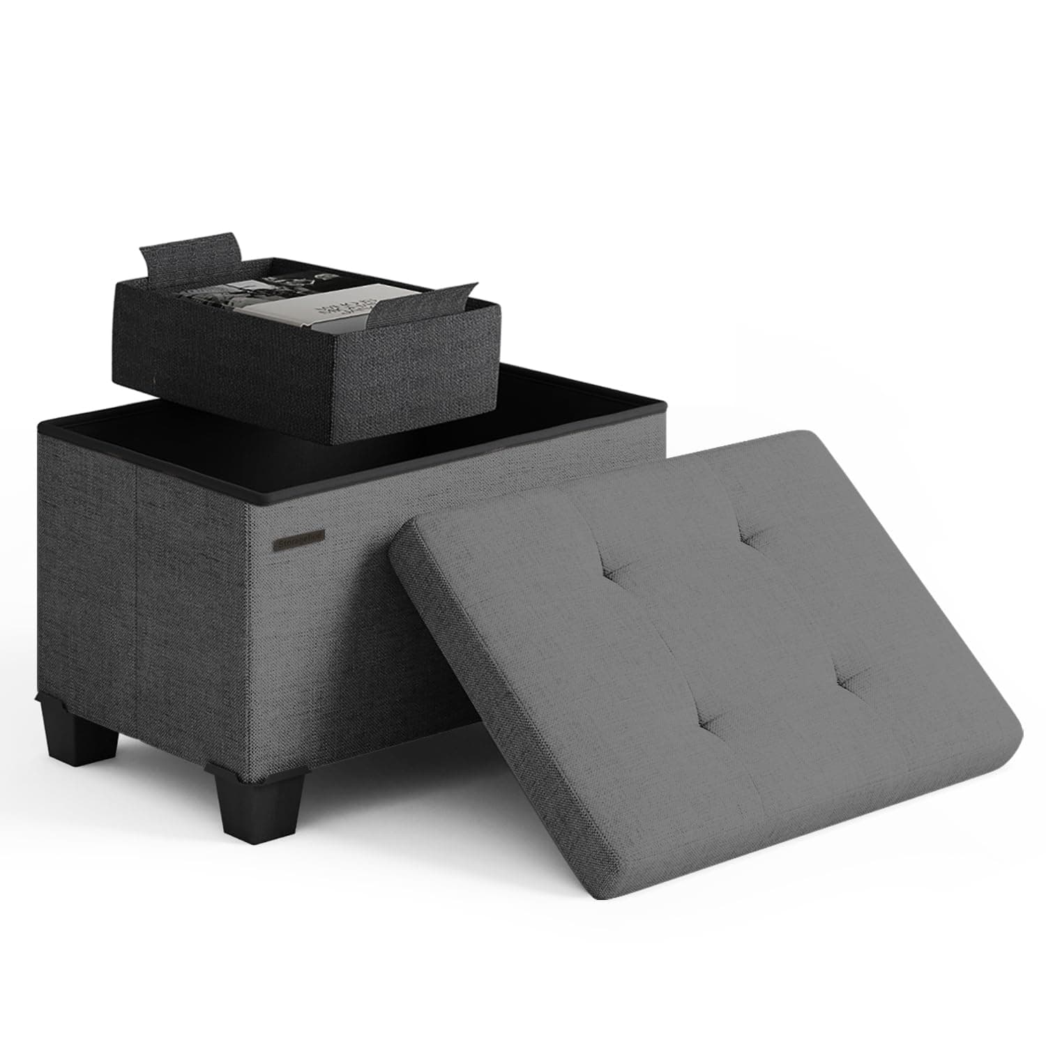 STORAGEBUD Storage Ottoman Cube with Small Bin, 16-in Square Ottoman with Storage for Living Room and Bedroom, Small Ottomans Foot Rest, Fabric Foot Stools Ottomans Max 330lbs, Grey