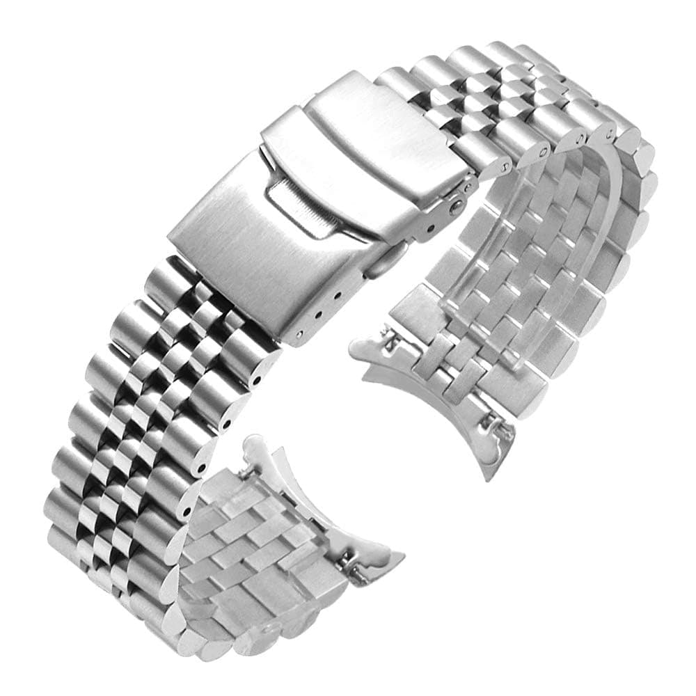 Juntan Stainless Steel Curved Ends Tapered 20mm 22mm 23mm 24mm Metal Watch Band Flexible Watch Strap Replacement Bracelet Deployment Double Flip Lock Buckle Silver Black