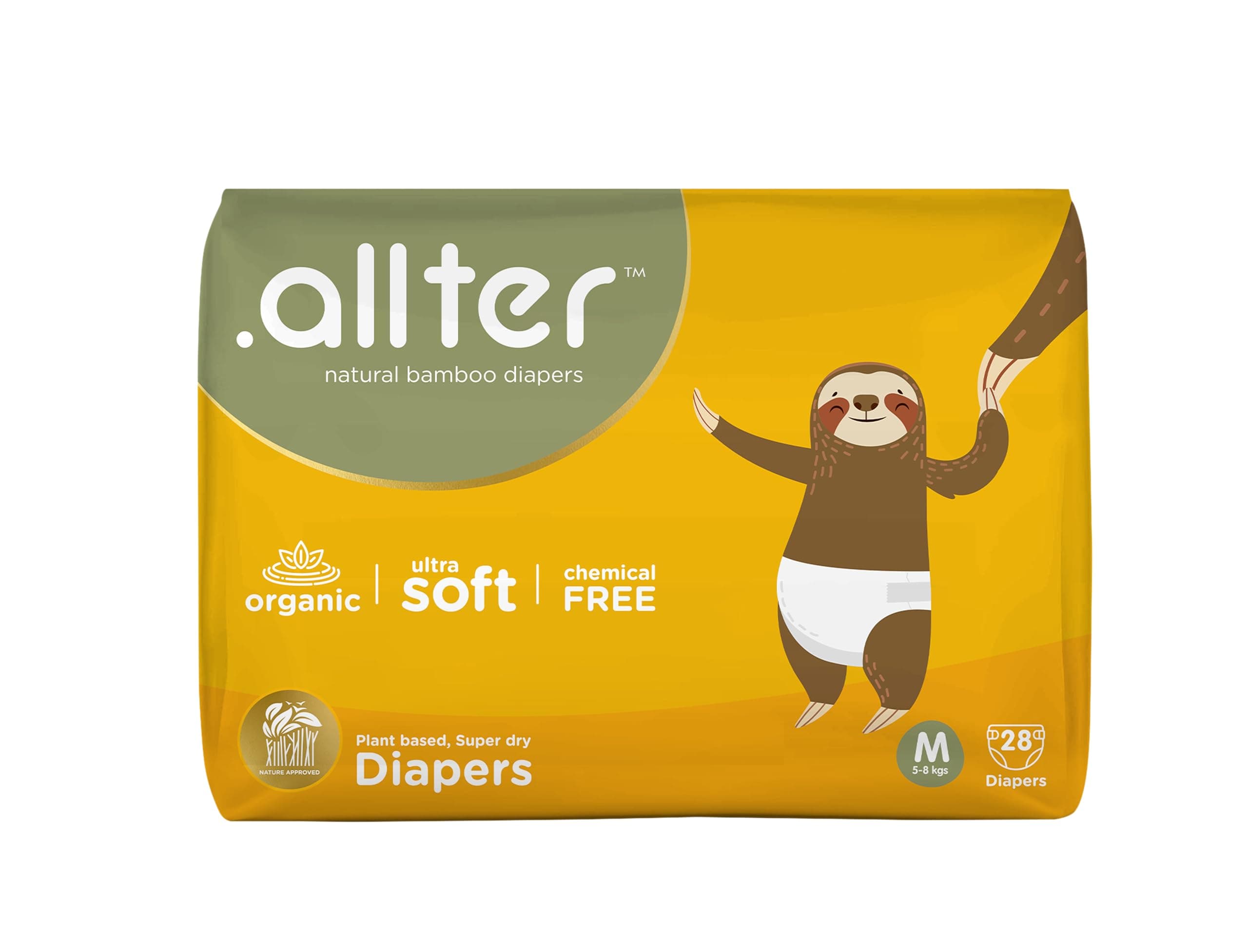 .allter Organic Bamboo Baby Diaper M Size (5-8 kgs)| 28 Count (Pack of 1)| Rash Free, Super Dry, Quick Absorb, Taped Style, Ultra Soft Diaper| Feet