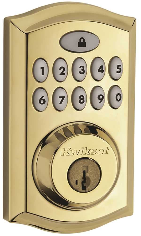 Kwikset 913 Smartcode Touchpad Electronic Deadbolt featuring SmartKey in Polished Brass
