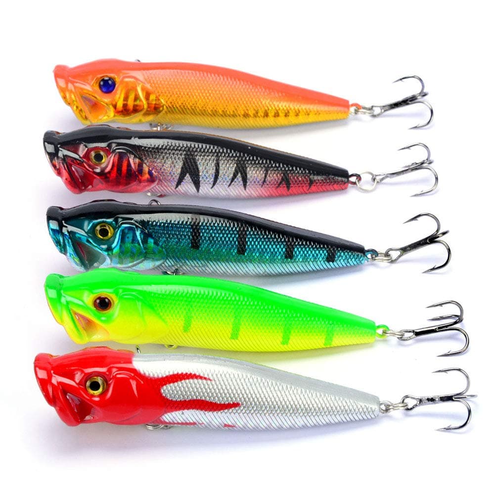 5pcs Fishing Bass Lures Popper Lure Shallow Swimbait Crankbait with Treble Hook 3D Fishing Eyes for Bass Trout Freshwater and Saltwater