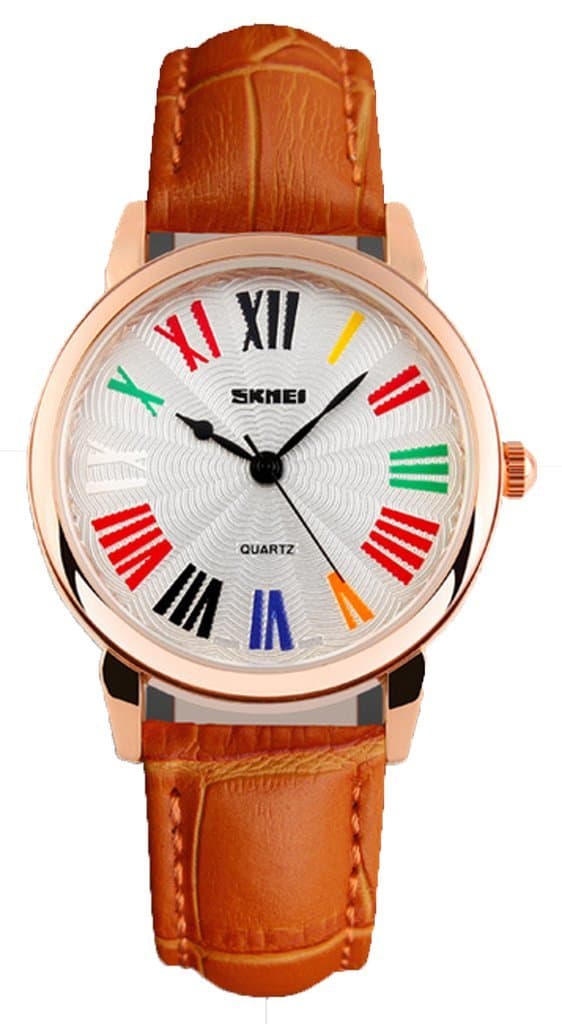 Waterproof Leather Wrist Watches with Colorful Roman Numerals for Women