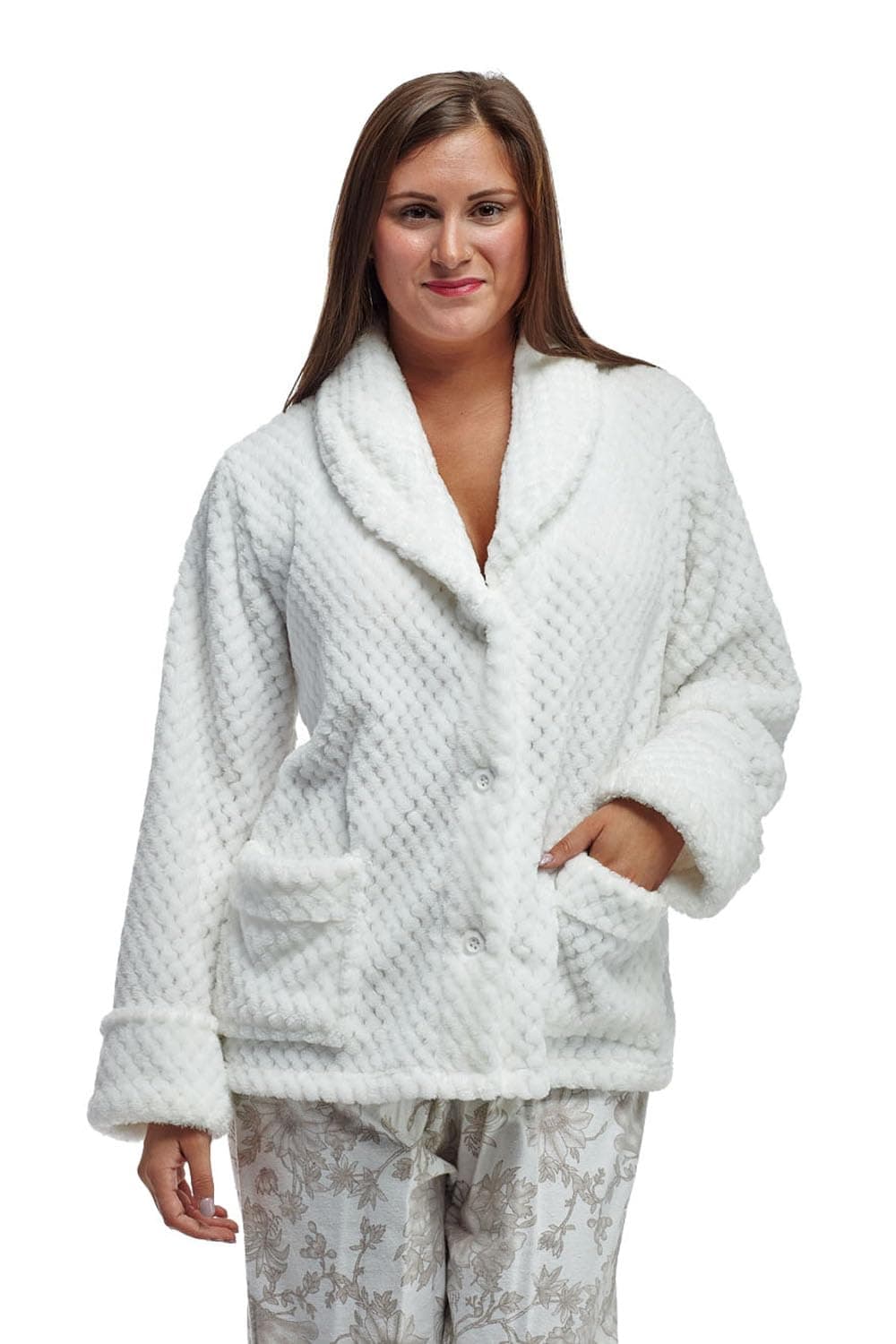 Women's Fleece Bed Jacket - Stylish Notched Collar, Long Sleeves, Front Pockets, Button Front, Machine Washable