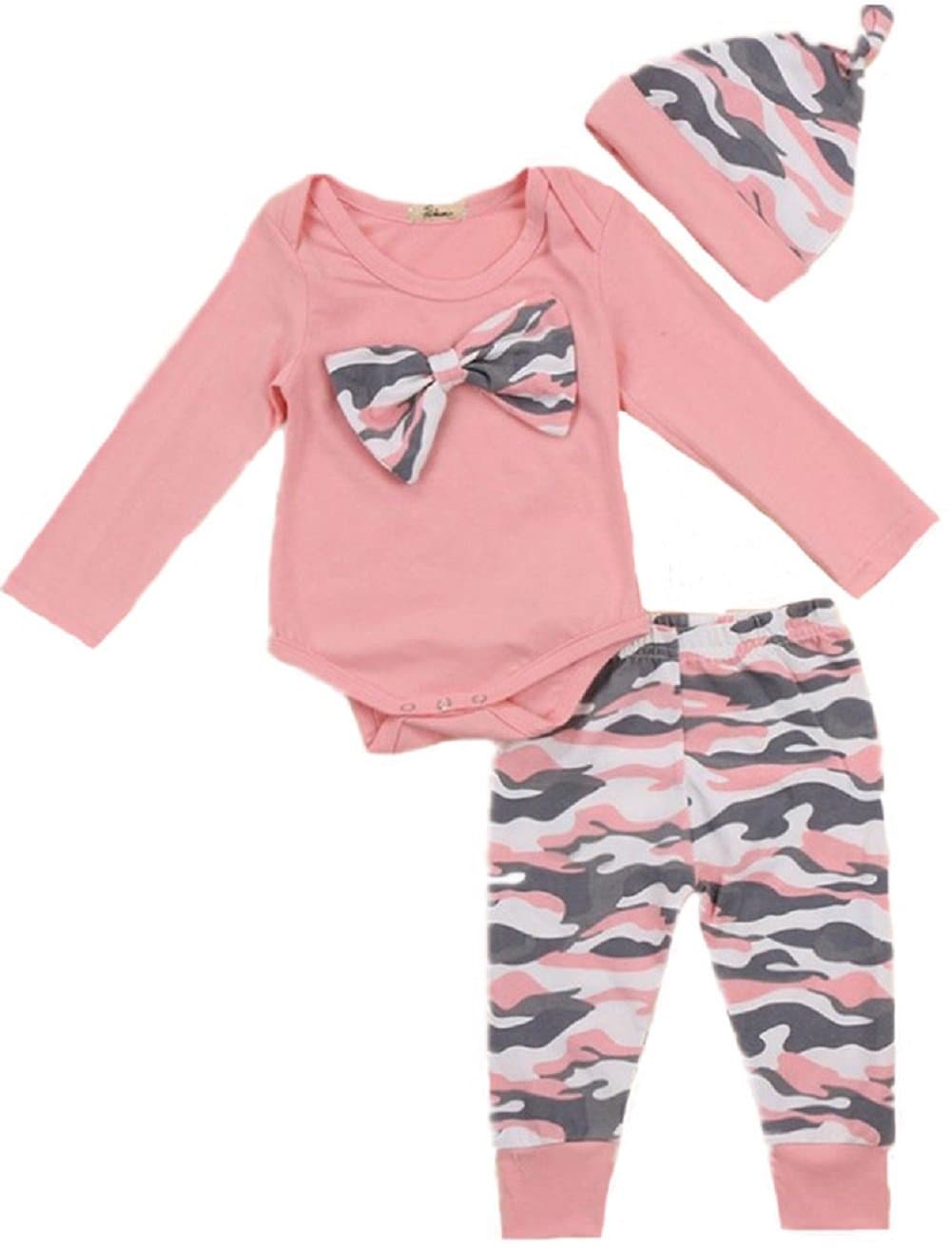Baby Girl Clothes Set New Born Toddler Girl Long Sleeve Romper Camouflage Pant Hat 3 Pieces Outfit Set