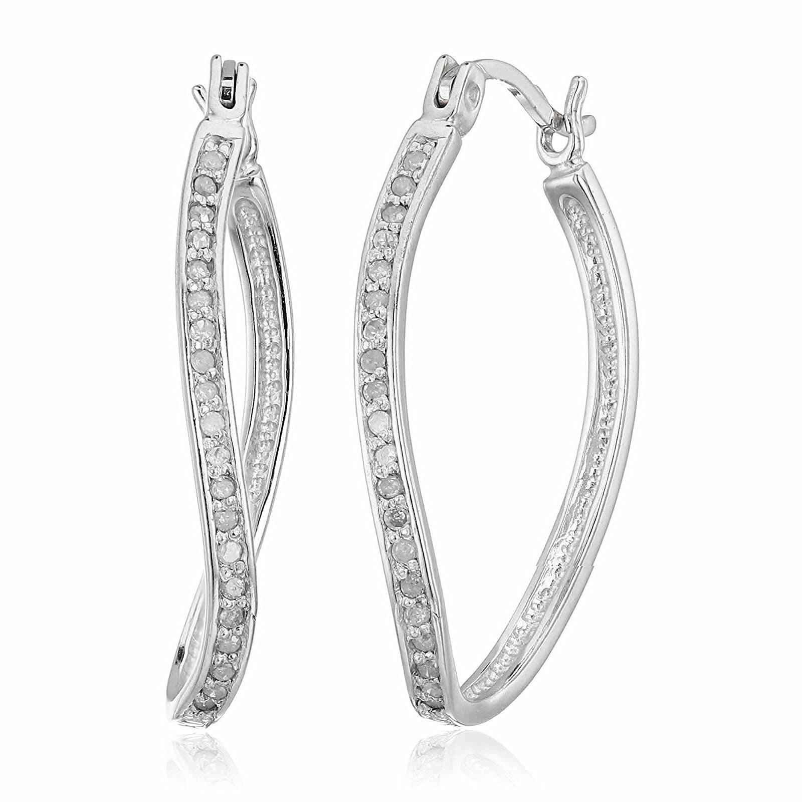 VIR JEWELS1/4 cttw Diamond Hoop Earrings .925 Sterling Silver with Rhodium Plating 1 Inch