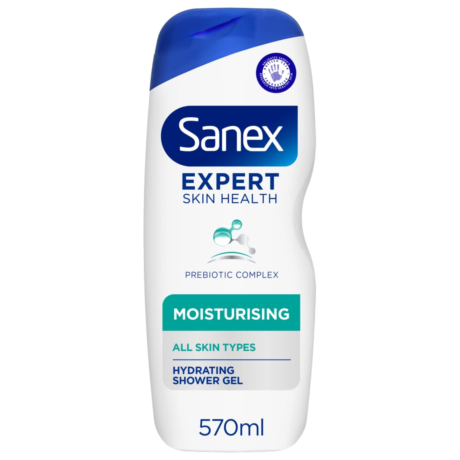 Sanex Expert Skin Health Moisturising Shower gel 570ml - body wash for men & women - gently cleanses - hydrates & softens skin - 12h hydration - advanced prebiotic complex formula - vegan