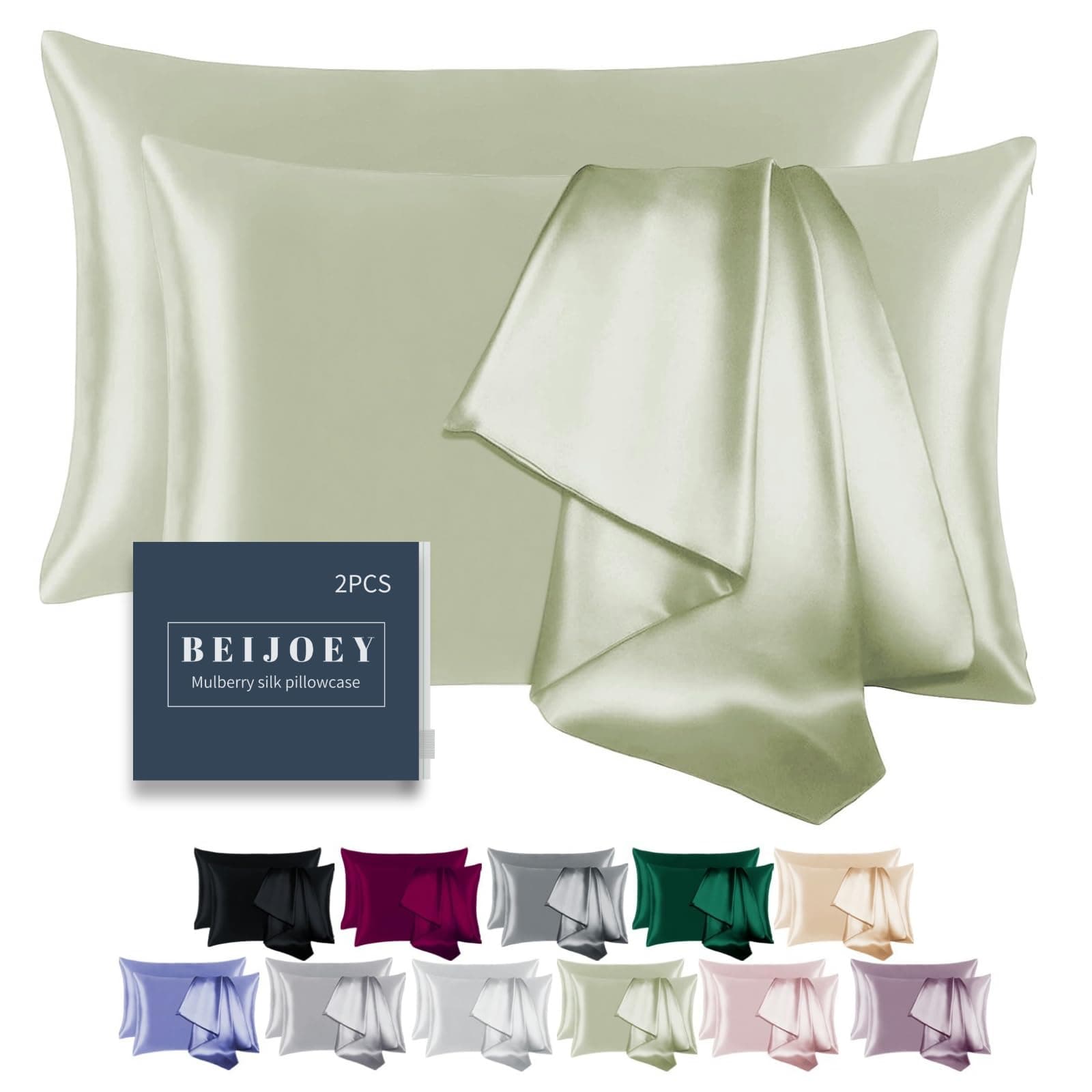 100% Mulberry Silk Pillowcase for Hair and Skin,with Hidden Zipper,Both Sides 19 Momme 600 Thread Count Natural Silk Pillow Cover,Soft Breathable Smooth (Sage, Standard 20''x26'')