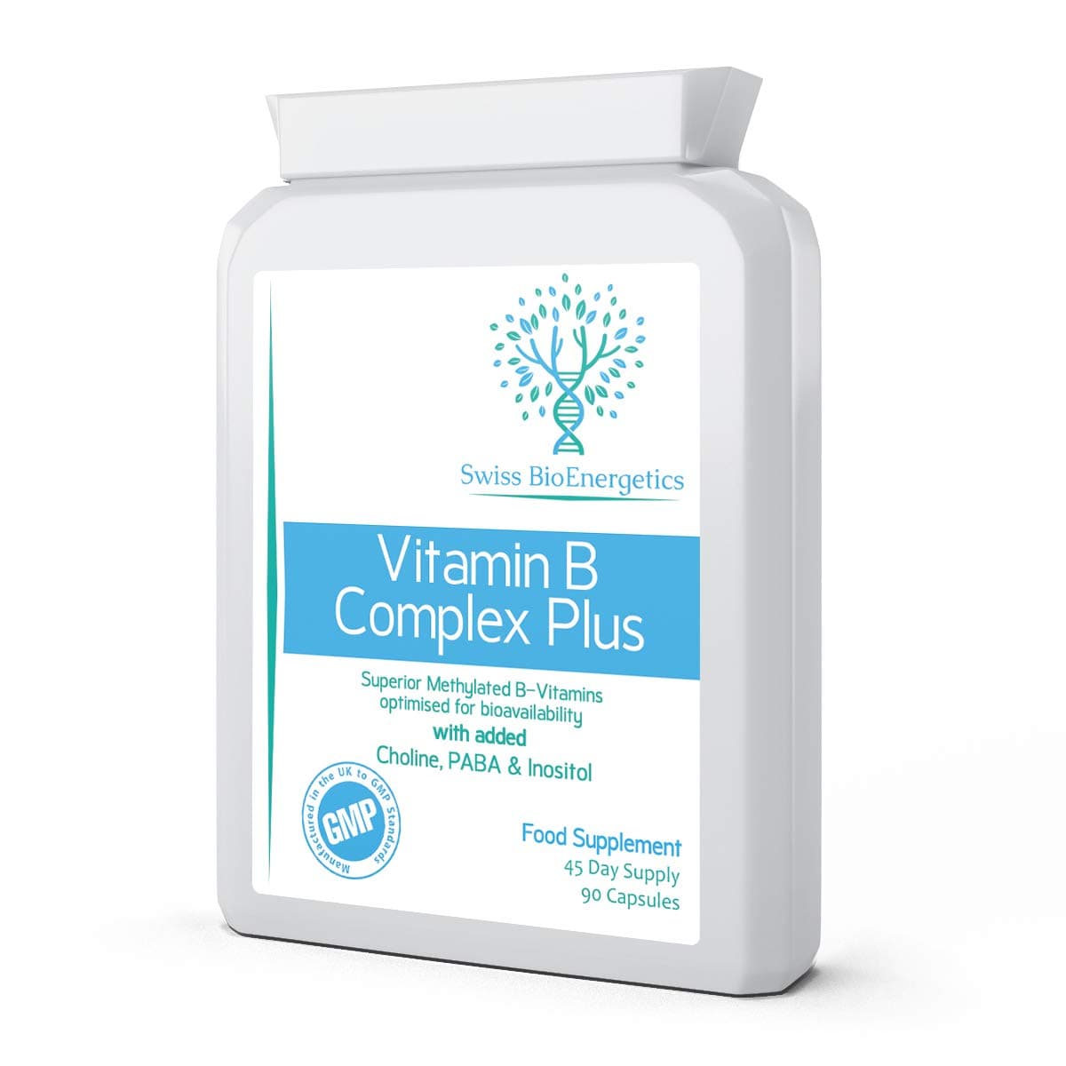Vitamin B Complex Plus - 90 Capsules - Superior Methylated Formula with Added Choline, PABA & Inositol - Includes Essential Multi B-Vitamins B1, B2, B3, B5, B6, B12, Biotin & Folate