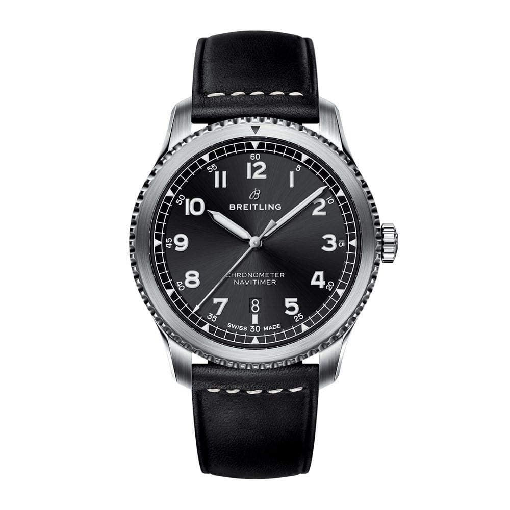 Men's A1731410-BG68-489X 'Navitimer' Black Leather Watch
