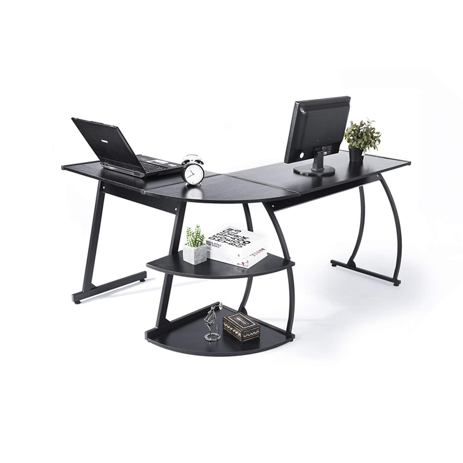 DORAFAIR L-Shaped Office Computer Desk, PC Latop Study Table Workstation Large Gaming Desk Study Desk with 2 Shelves for Home and Office,Black