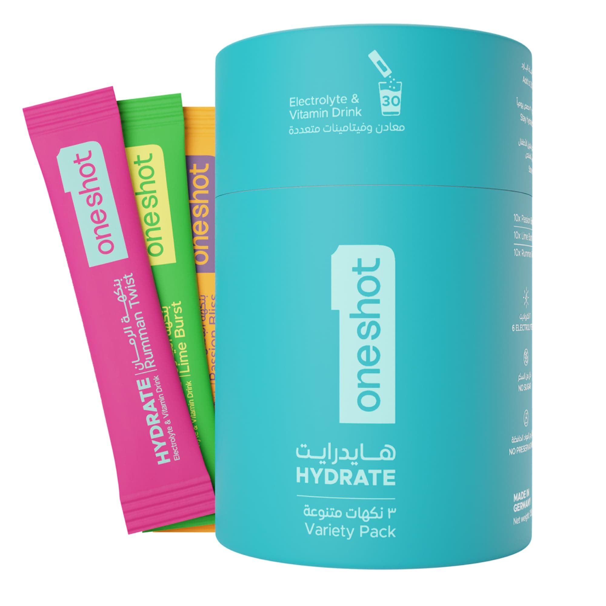 Hydration Variety Pack, Sugar Free Electrolyte Powder Drink Mix with Vitamins and Zinc, No Aftertaste, Lime, Pomegrenate and Passion Fruit Flavors, 30 Sachets