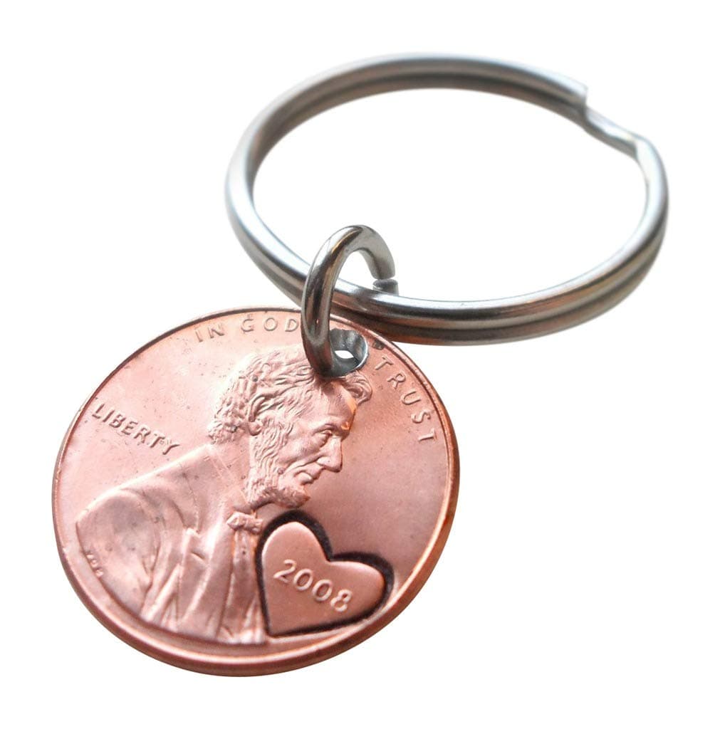 JewelryEveryday 2008 US One Cent Penny Keychain with Heart Around Year; 10 Year, Engraved Couples Keychain