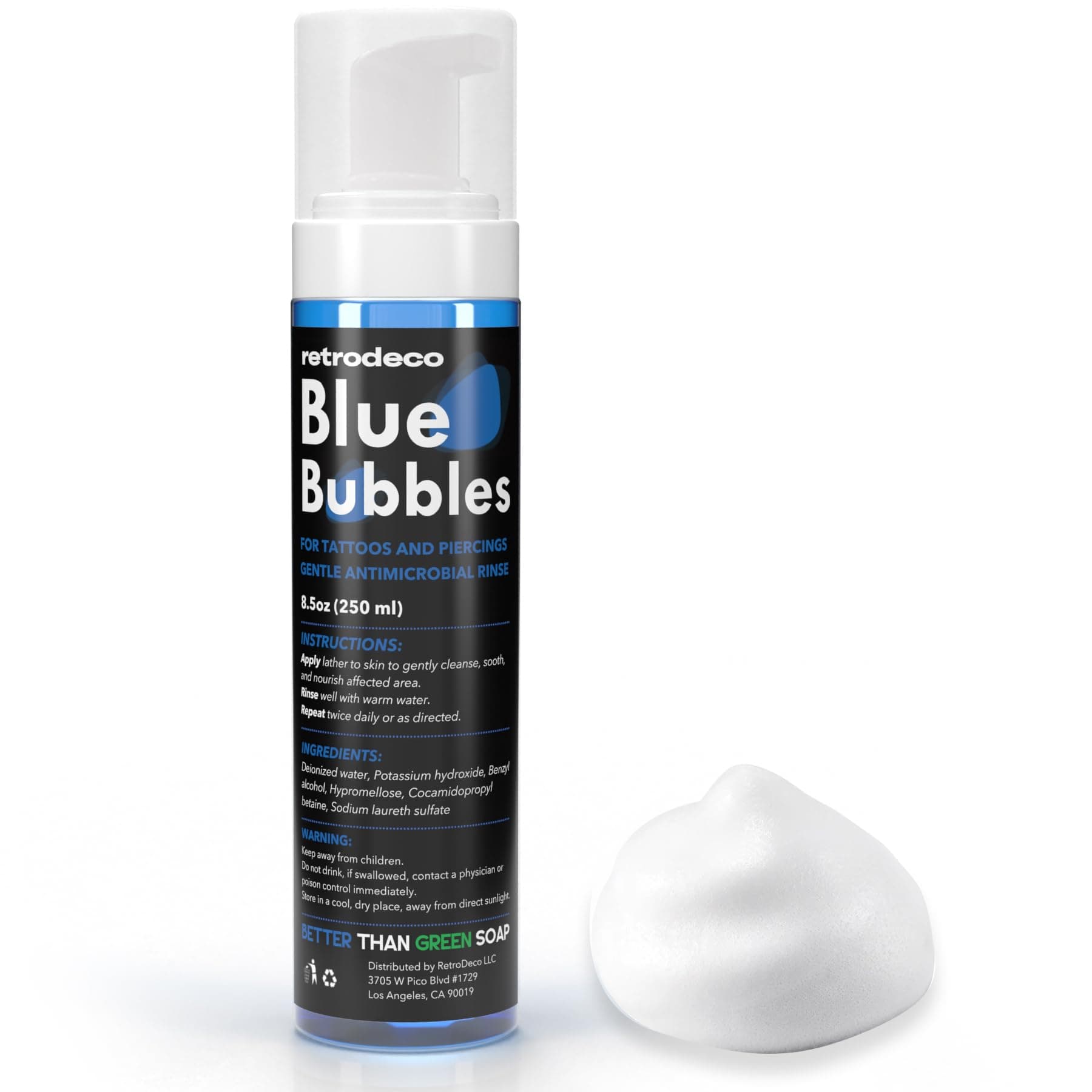 Blue Bubbles 8.5oz Foaming Aftercare Tattoo Soap to Heal, Cleanse, and Clean Skin & Piercings - Gentle, Moisturizing, & Vegan Formula (Blue Foam, 8.5 Fl Oz)