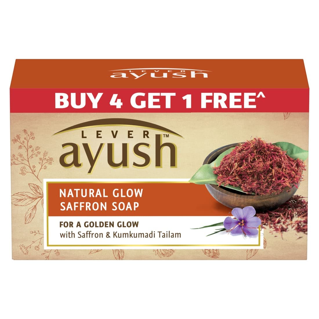 Lever Ayush Natural Fairness Saffron Soap, 100 g each (Buy 4 Get 1)