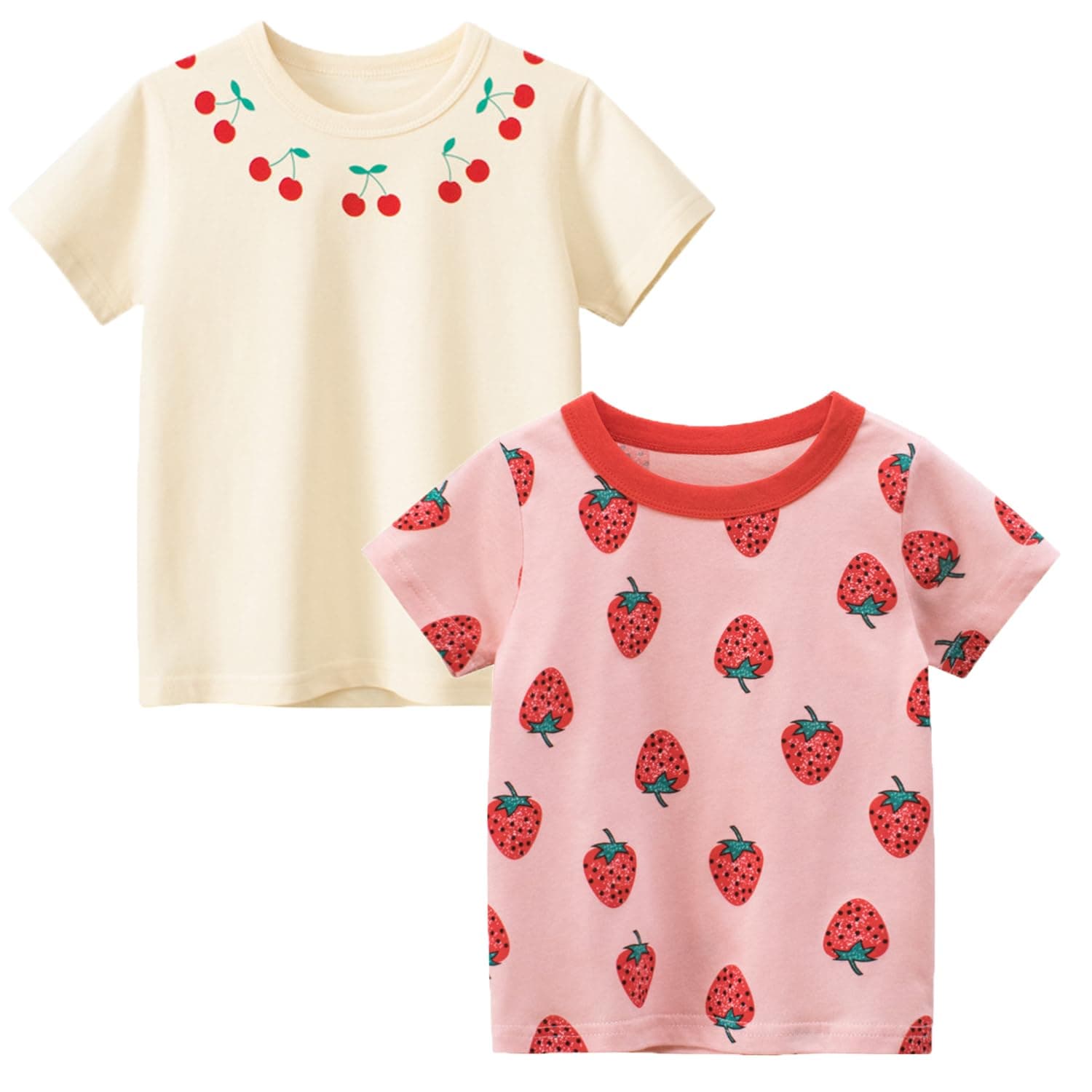 POBIDOBY Toddler & Baby Girls Summer Clothes with Flowers & Fruits, Purcotton Shirts for Girls, 2 Pack