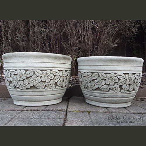 ONEFOLD - LARGE FLOWER POT Garden Ornament PAIR/HAND CAST8 STONE PLANTER/BASKET