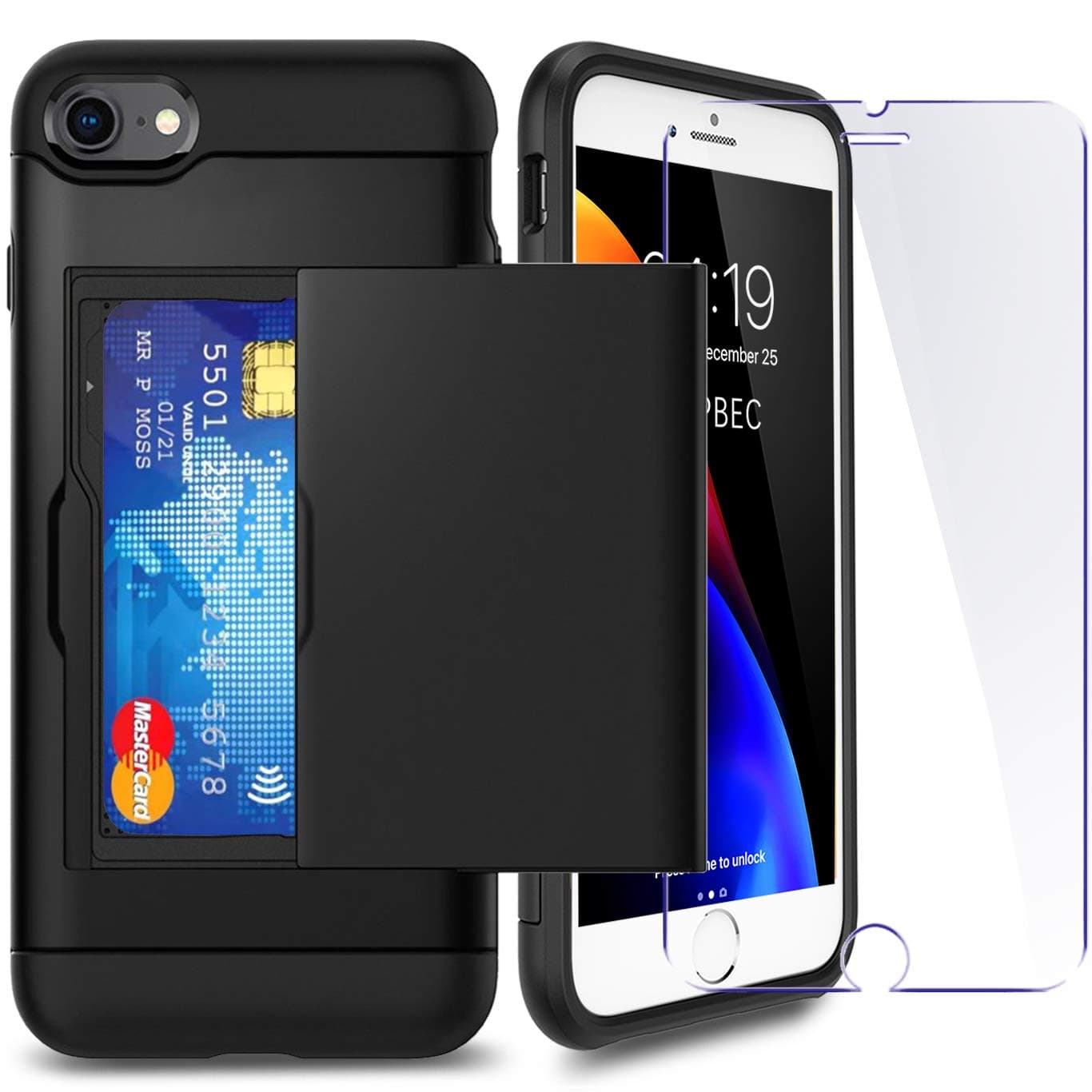 iPhone 6P/ 6sP Plus Case with Card Holder and[ Screen Protector Tempered Glass x2Pack] SUPBEC i Phone 6 plus / 6s plus Wallet Case Cover with Shockproof Silicone TPU + Anti-Scratch Hard PC (Black)