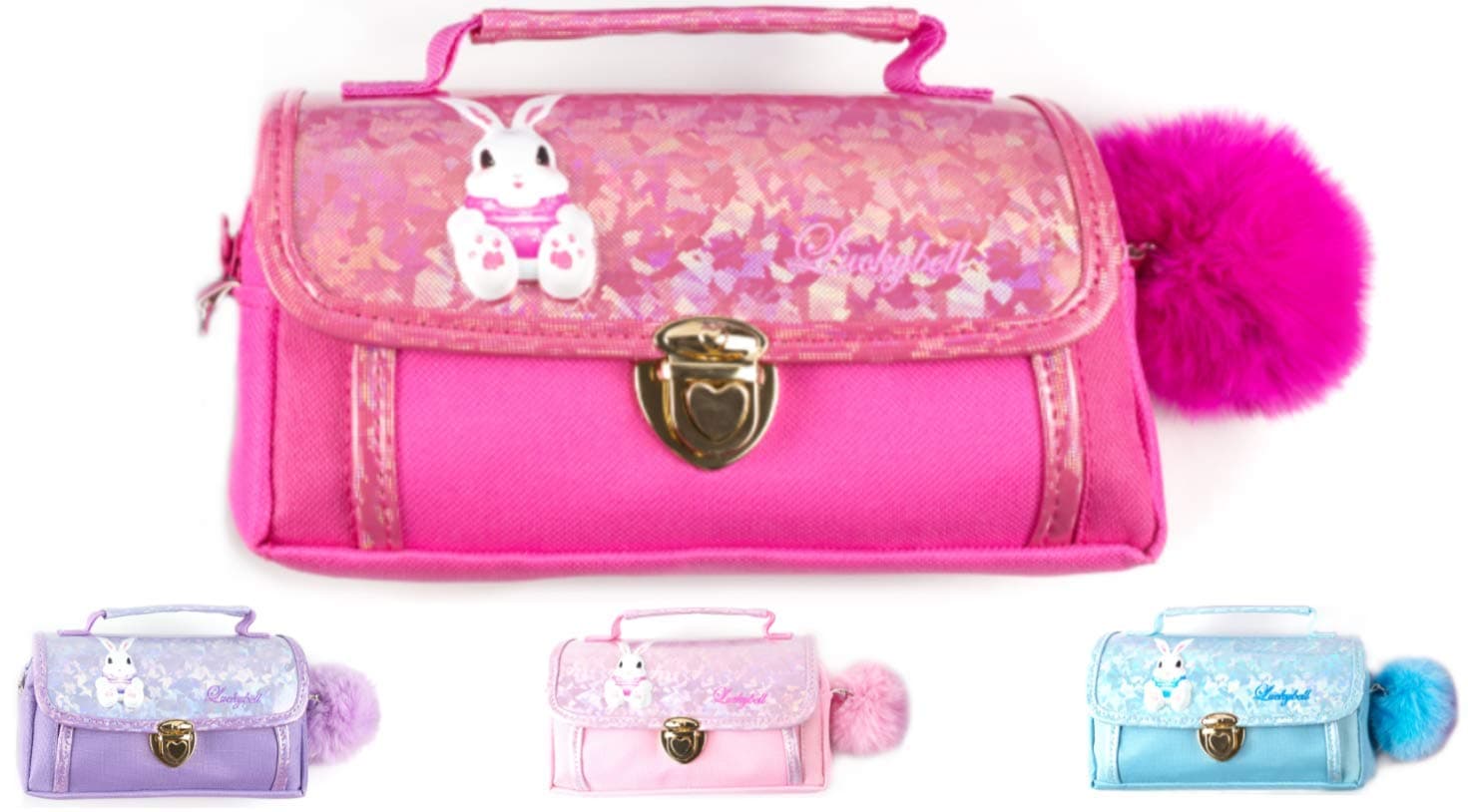 Luckybell Girls Pencil Case Multifunctional Handbag Purse Cosmetic-Makeup Stationery Organizer Pouch Shoulder Bag with Pom Pom for Kids School Ideal for Christmas Gift (Red)