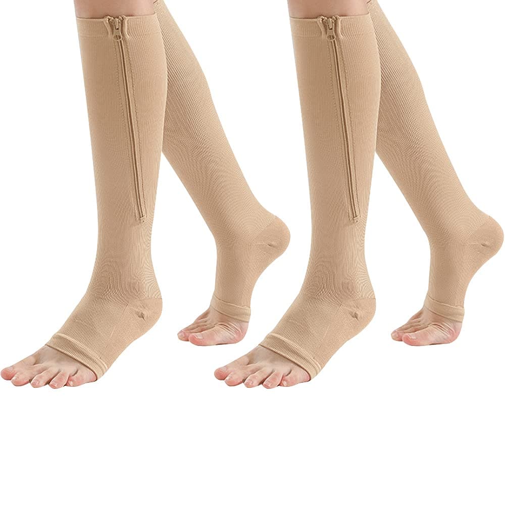 (2 Pairs) Compression Socks, New Compression Zip Sox Socks Stretchy Zipper Leg Support Unisex Open Toe Knee Stockings (Beige, S/M)