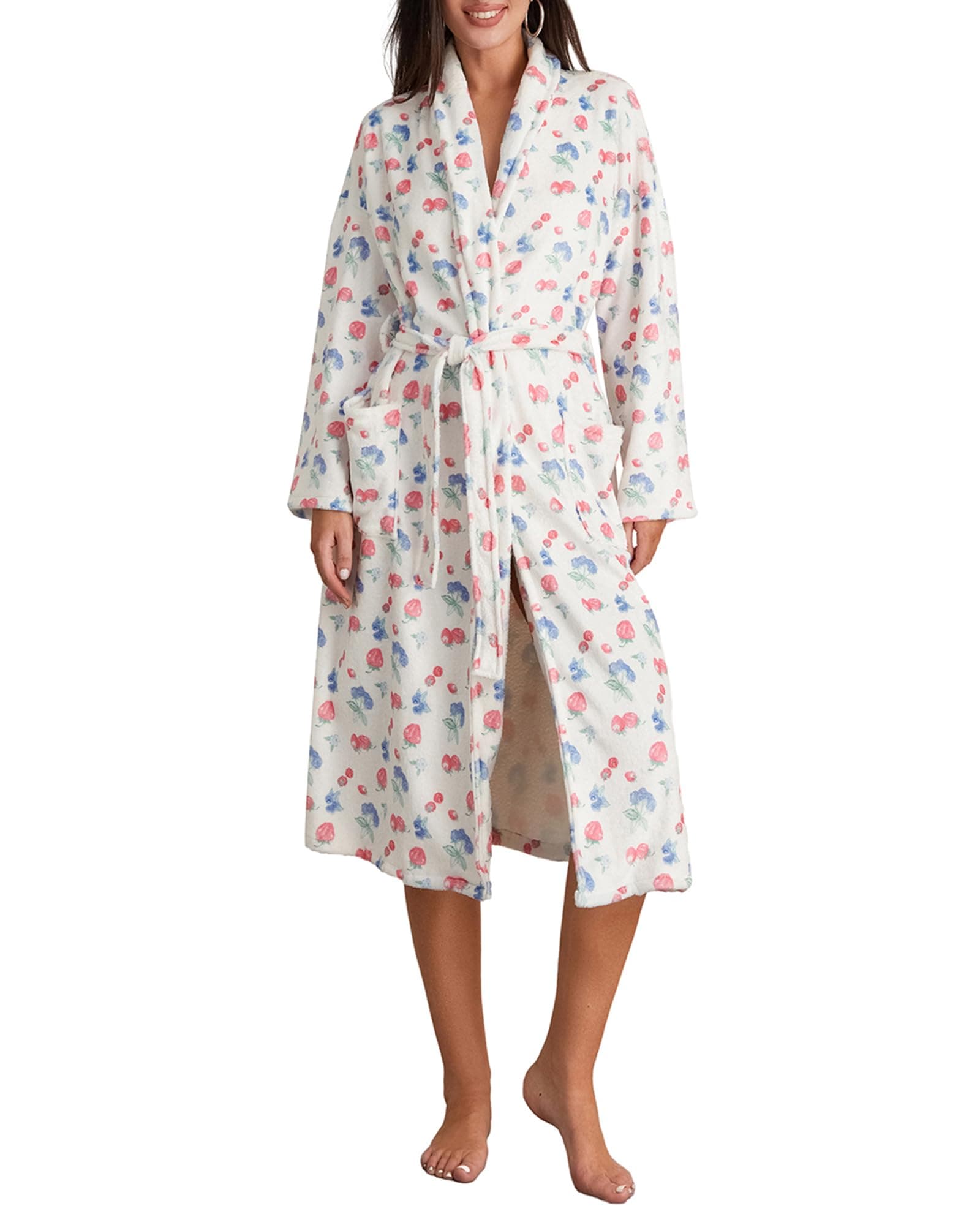 Owl's-YardWomen's Soft Summer Dressing Gown Floral Fruit Print Plush Shawl Collar Bathrobe Warm Lounge Robe with Belt