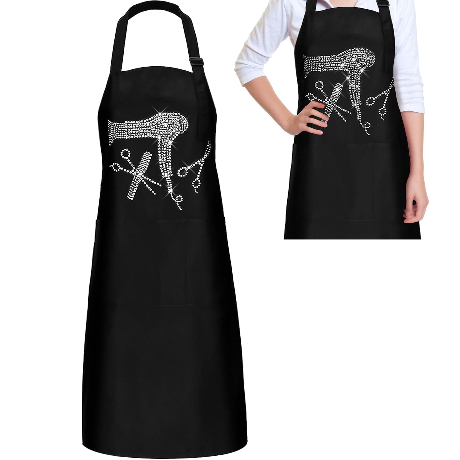 Coume Hair Stylist Apron Hairstylist Salon Apron with Rhinestone Tools and 3 Pockets Hairdresser Barber Aprons(Trendy)
