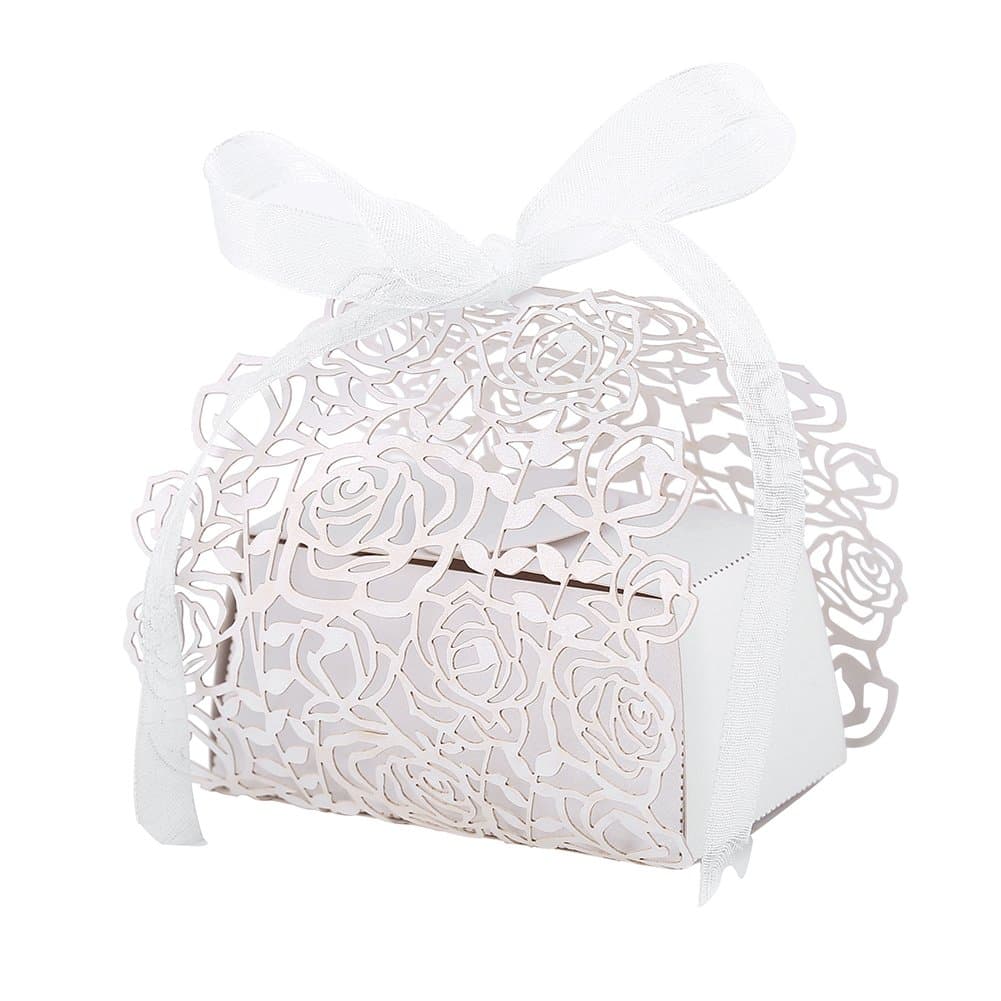 50pc Wedding Favor Candy Box,Hollow Out Rose Flowers Cut Pearl Paper Party Gift Boxes