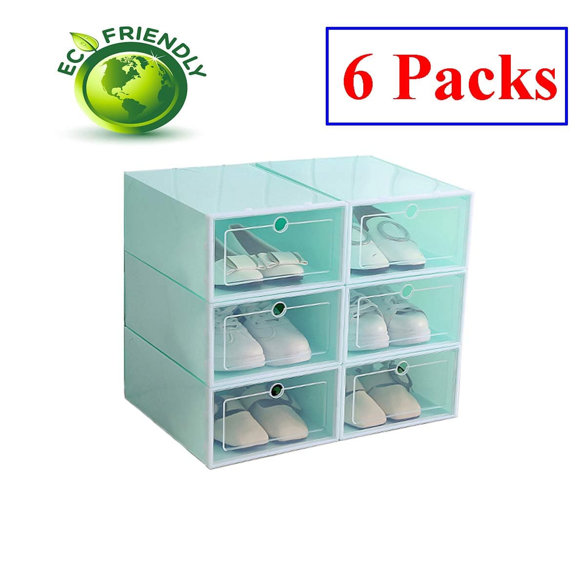 Hwalla Shoe Boxes Clear Plastic Stackable and Foldable, Super Hard Shoe Box Size Storage Containers with Lids (Green, 6 Pack)