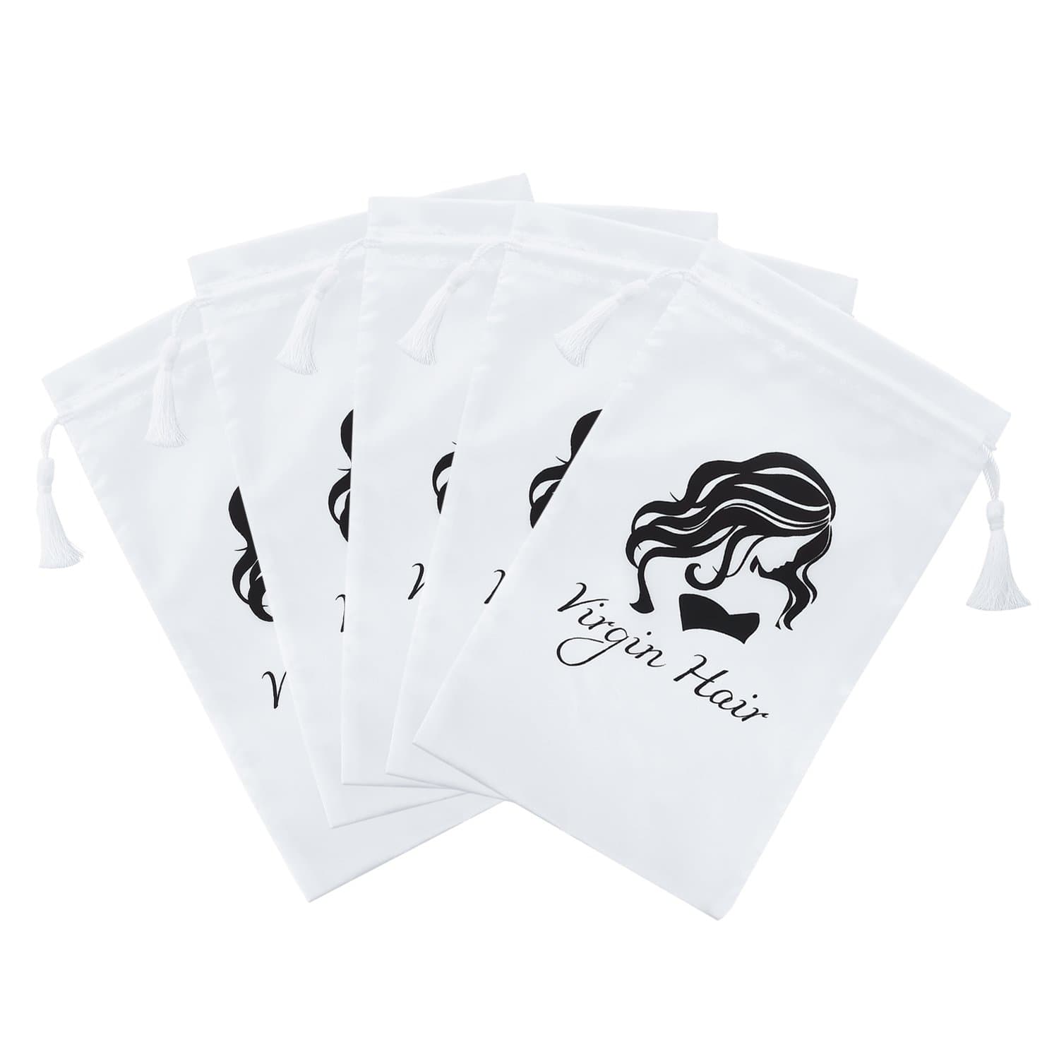 Jetdio Virgin Hair Packaging Bag with Drawstring, Hair Extension Bundles Satin Bag with Tassel, 5 Pack,White