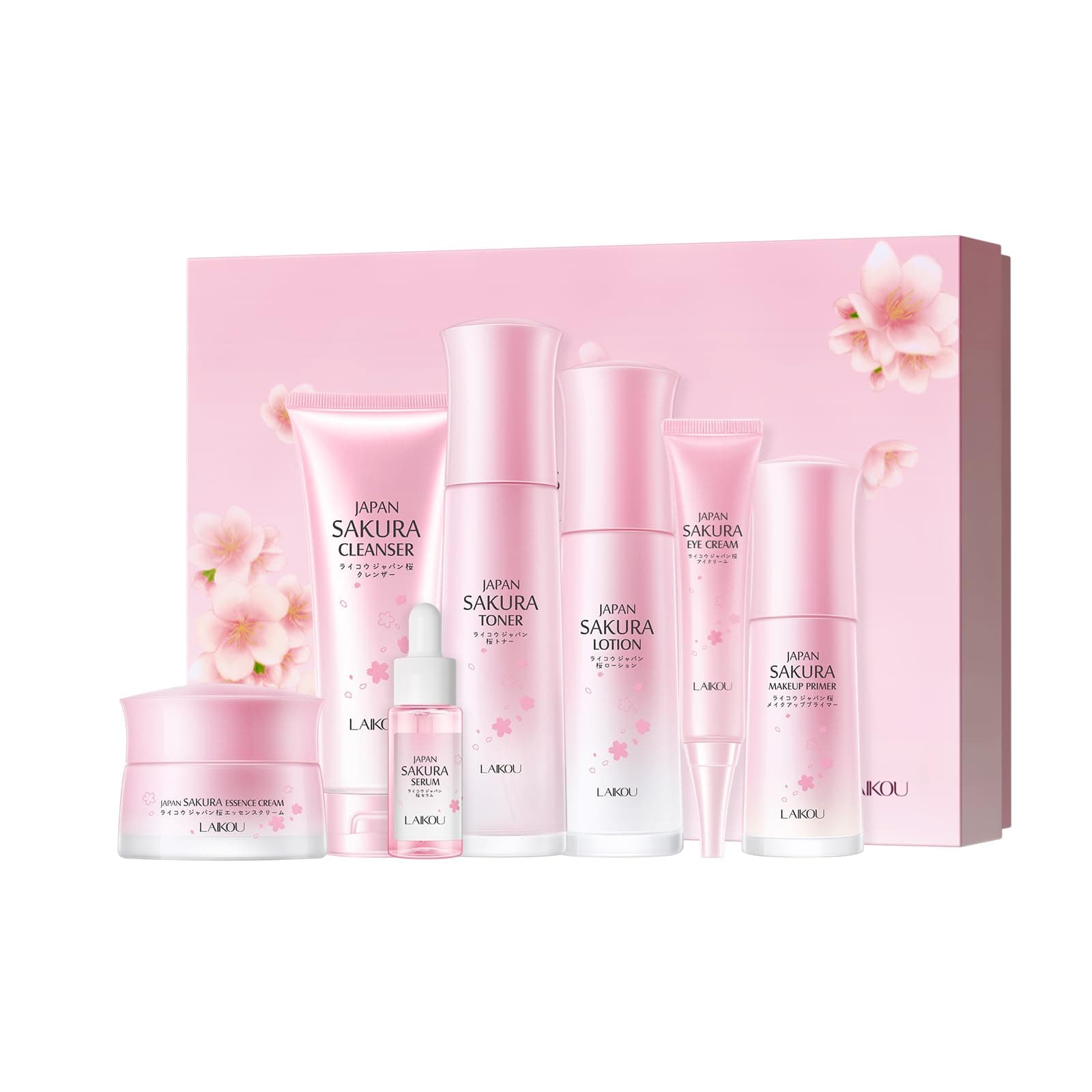 LAIKOU Japan Sakura Skincare Set, Luxury Facial Kit for Women Teenage Girls, Moisturizing & Anti Aging Skincare Gift Set - Cleanser, Toner, Lotion, Serum, Eye Cream, Face Cream, Makeup Primer, 7pcs