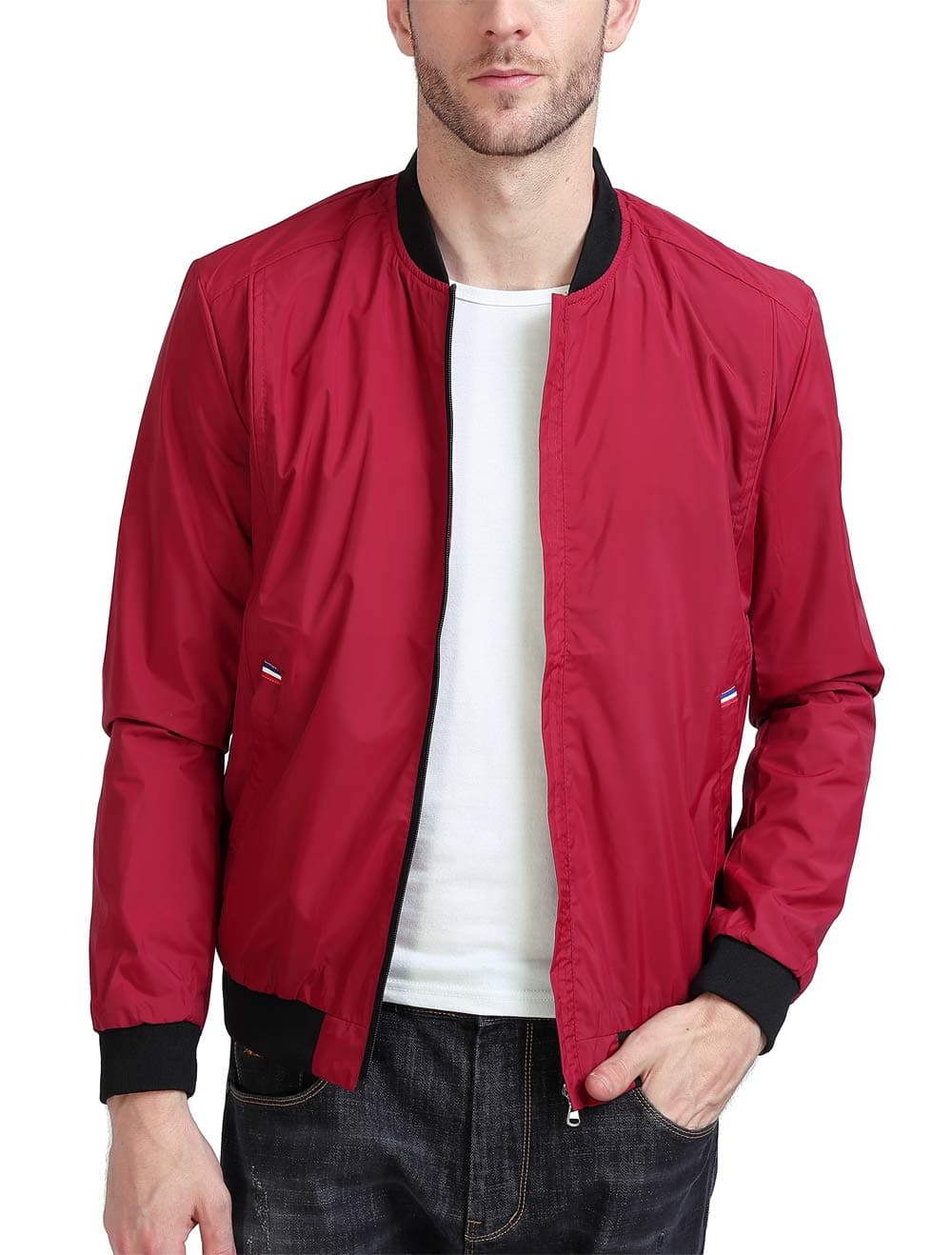 YIDI Men's Casual Classic Slim Bike Motorcycle Coat Outwear Long Sleeve waterproof Bomber Jacket (US XL, Red)