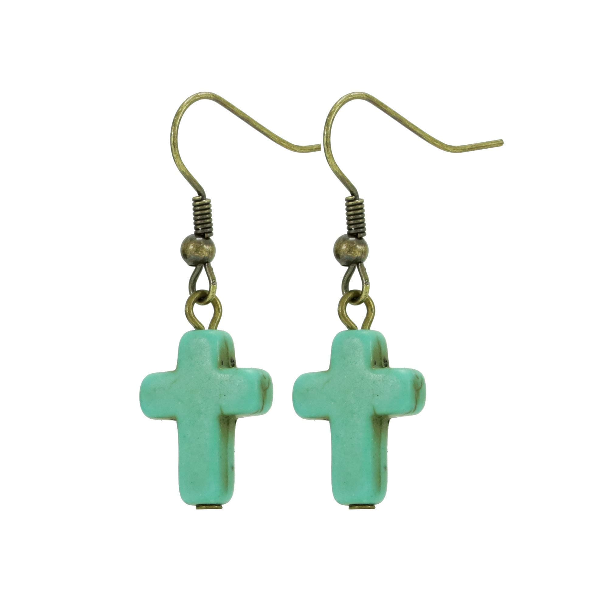 Bronze/Brass Tone Turquoise Colored Howlite Cross Earrings, Handmade Southwestern Women's Jewelry