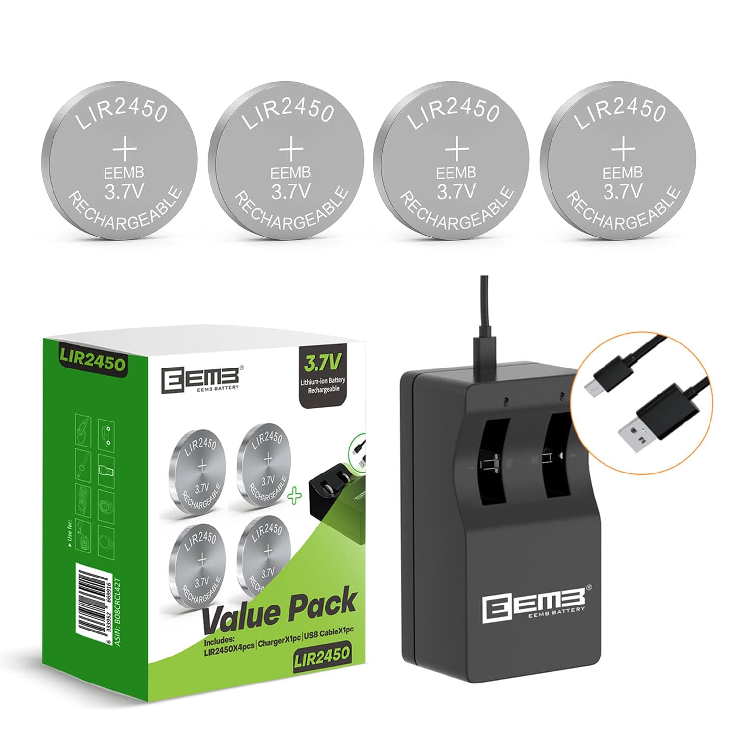 EEMB LIR2450 Rechargeable Battery Charger with 4PCS 3.7V Lithium-ion Coin Button Cell Batteries 120mAh for Car Remote Key Fob Watch